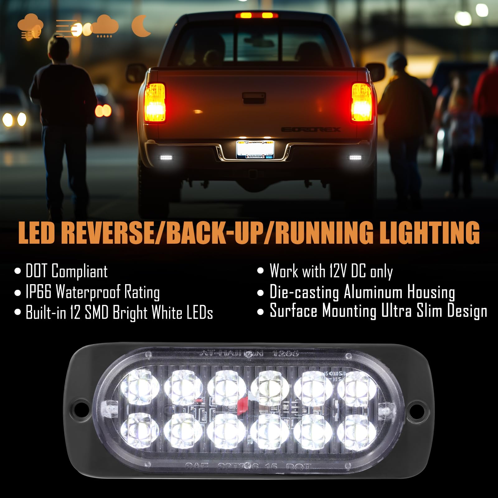 At-Haihan Pack Of 2 Aluminum Housing Clear Lens White Led Reverse Backup Running Lights, Dot Compliant Waterproof Surface Mount