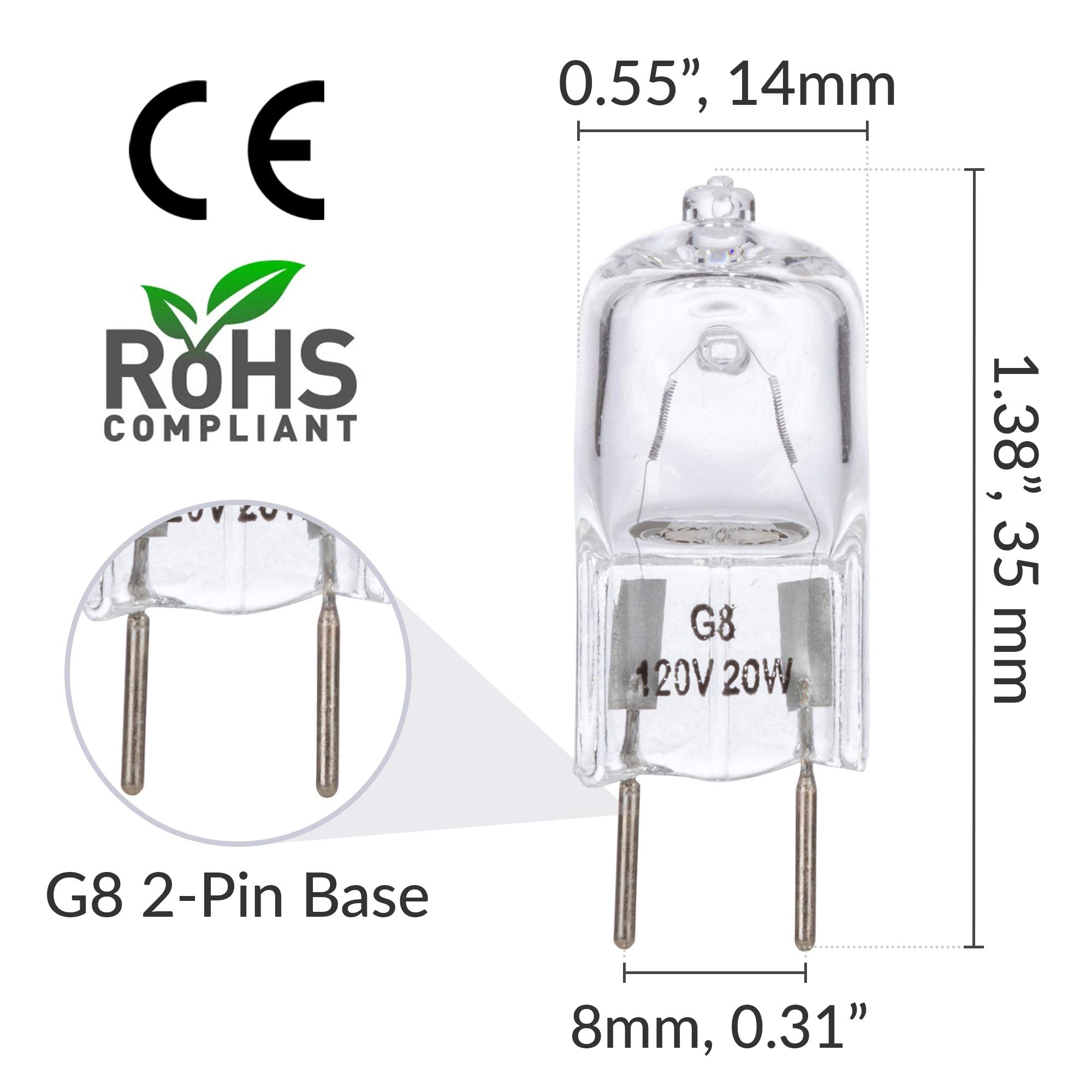 Simba Lighting G8 T4 Halogen Light Bulb 20W JCD Bi-Pin, 10 Pack, 1-3/8" Length, 2700K Warm White,