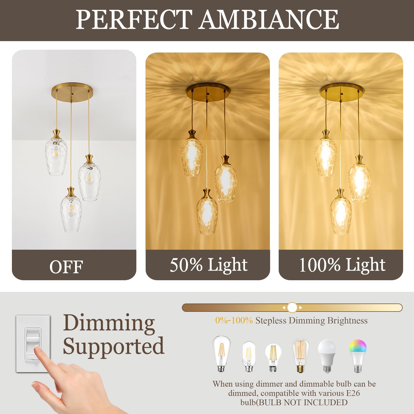 Saduenfr 3-Light Pendant Lighting  Modern Brushed Gold Dining Room Chandelier Light Fixture Over Table With Hammered Glass  Brass Cluster Hanging Lights For Kitchen Island Dining Room Bedroom  E26