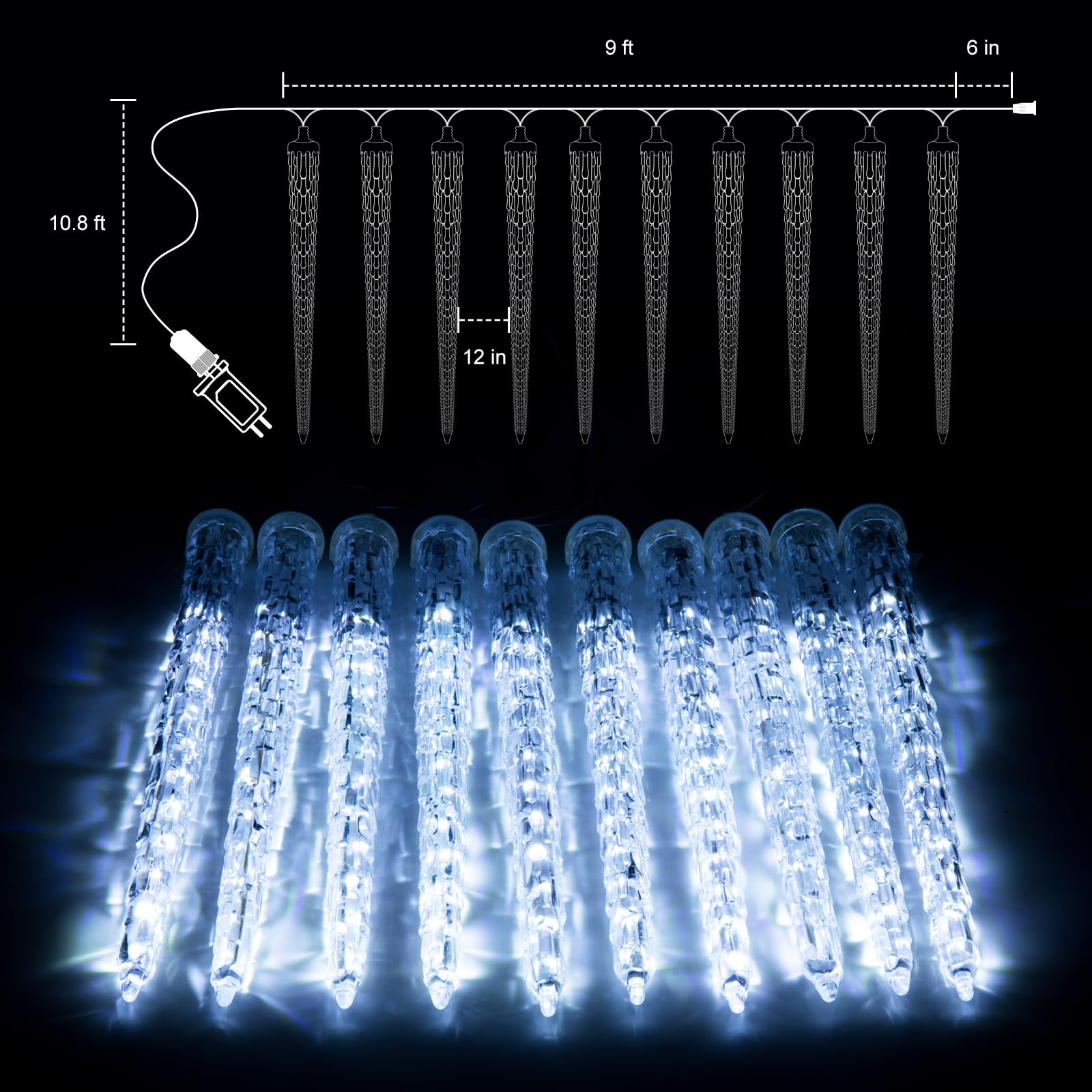 Brightown Christmas Icicle Lights, 10Ft Meteor Shower, Cool White, 10 Ice Shaped Tubes, Snowfall Effect, Model JT-EL/FC300V0400-l3