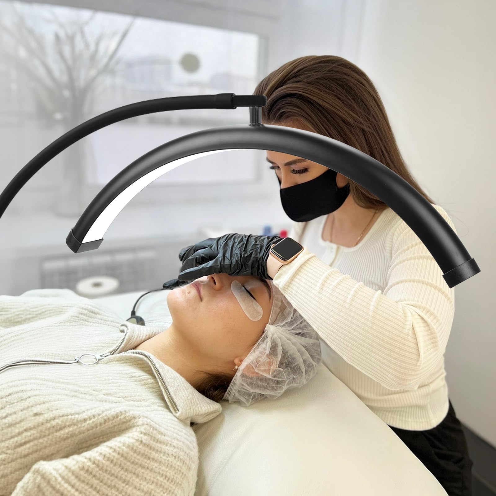 ebrlaxin Half Moon Floor Light - LED Lash Lamp with Adjustable Brightness, Black Gooseneck, Model FL-40 for Eyelash & Nail Techs