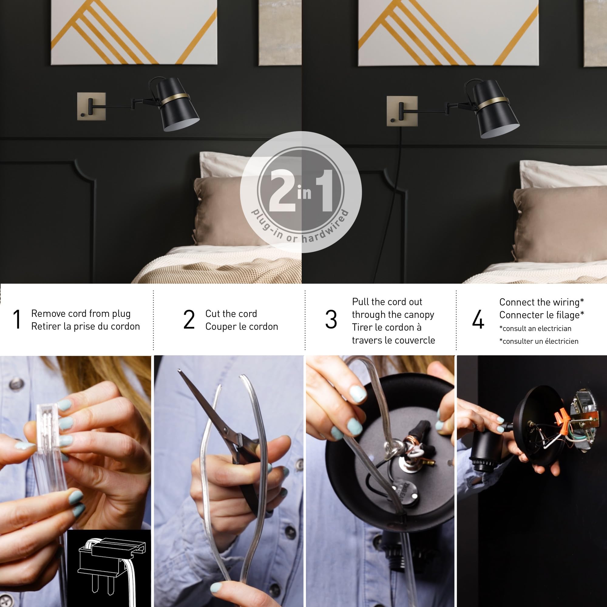 Globe Electric 51345 1-Light Plug-In Or Hardwire Swing Arm Wall Sconce, Matte Black, Brass Accents, 6Ft Black Woven Fabric Cord,