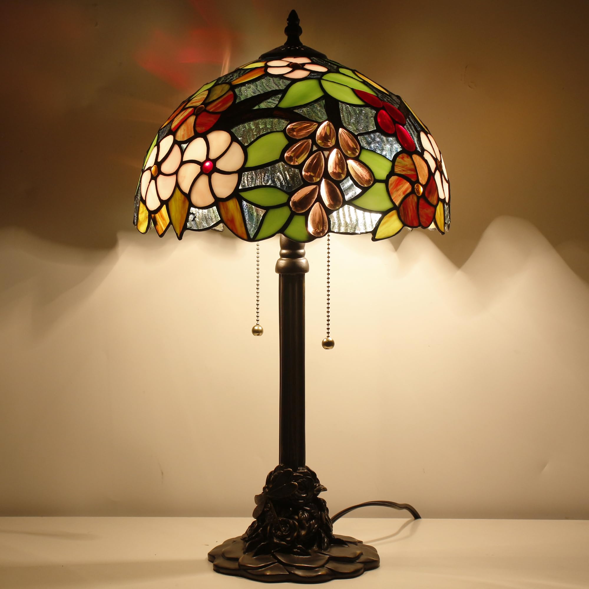 ANYONGLU Tiffany Table Lamp Stained Glass Desk Lamp 12X12X21Inch Resin Base for Bedroom Living Room Reading Light (Green Purple 