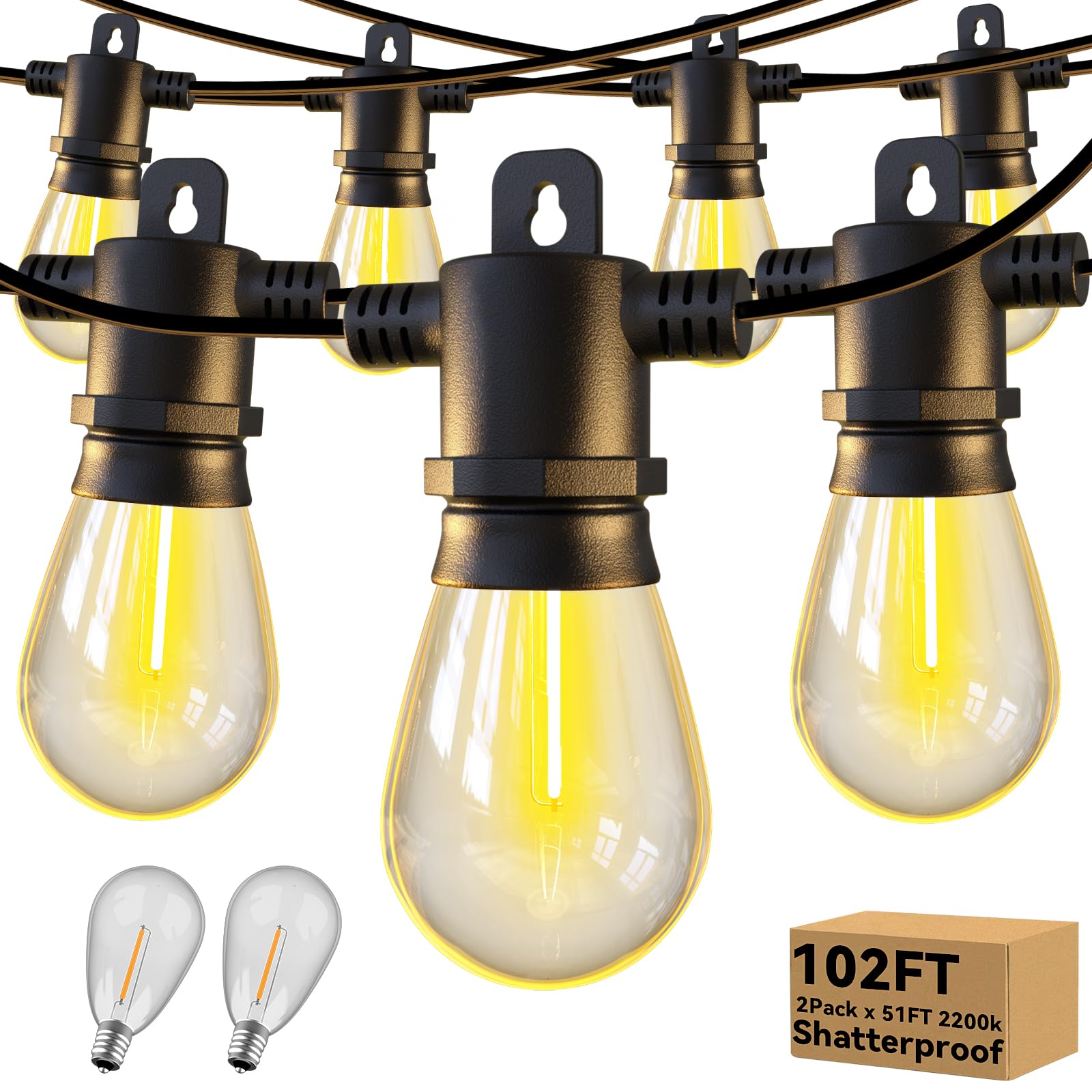 Aialun Outdoor String Lights, 102ft Waterproof LED Patio Lights with 32 Shatterproof Bulbs, Black 2200K S14 Model