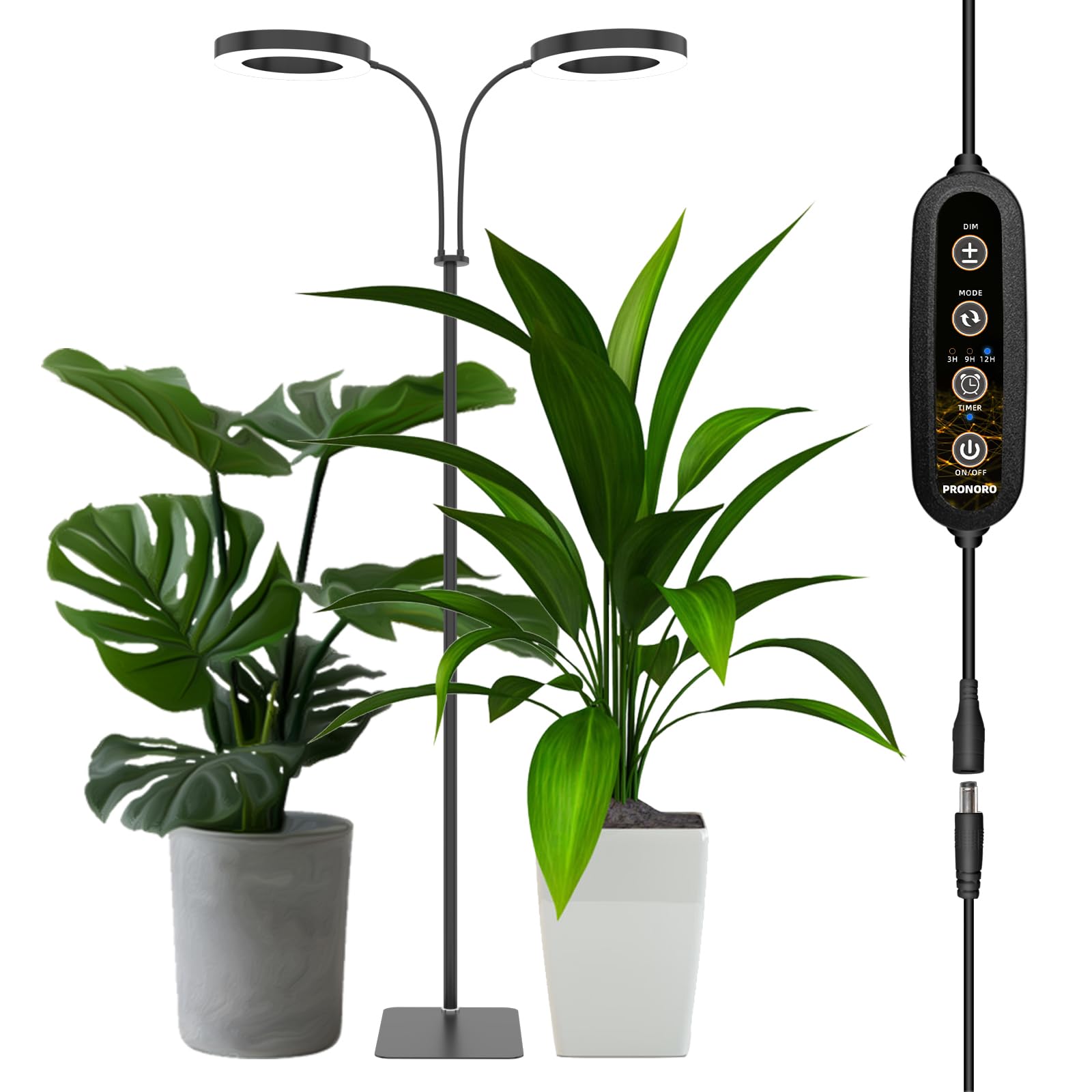 Pronoro 2-Head Led Grow Light, Full Spectrum With Timer & Dimming, Adjustable Height, 40W Black