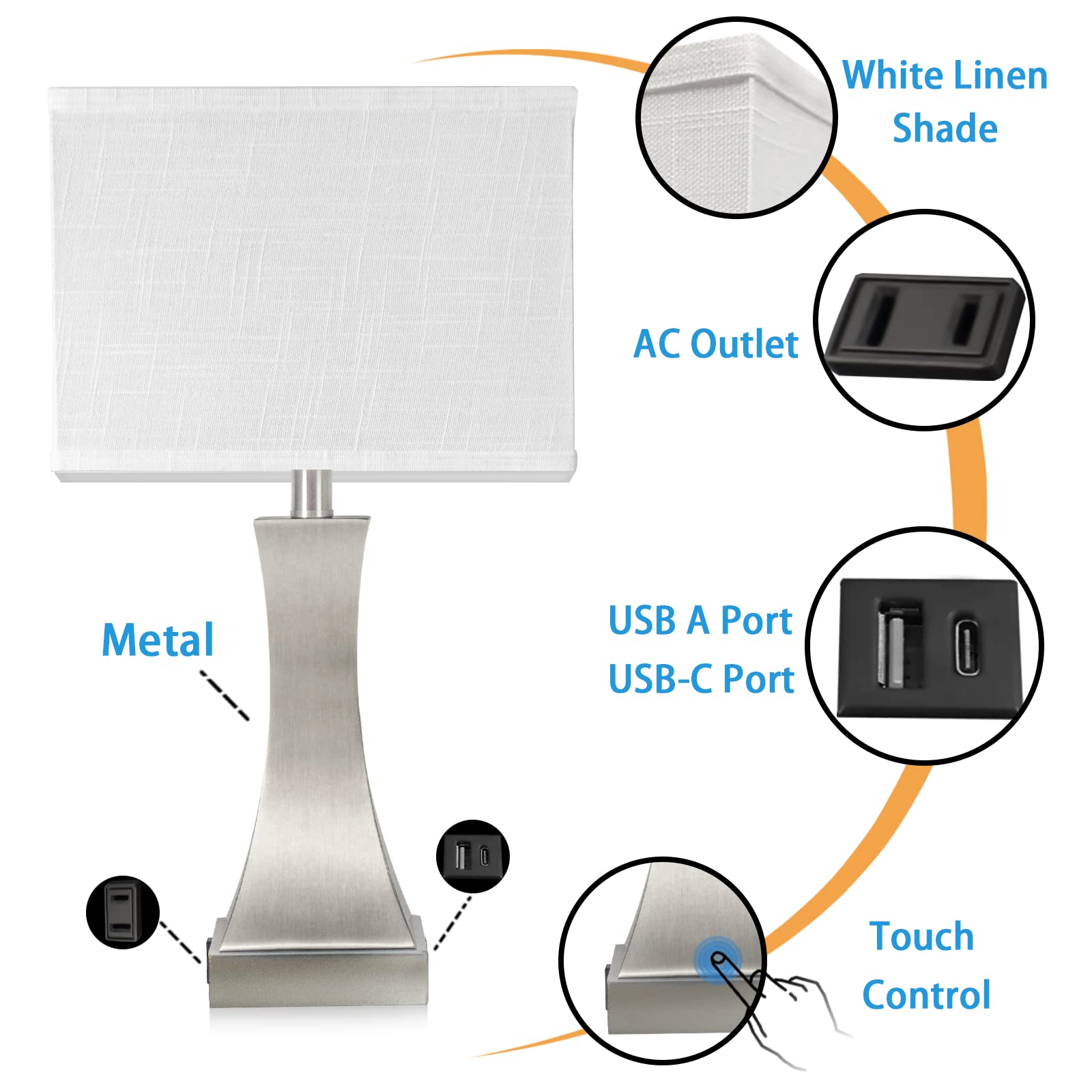 OYedis 3-Way Dimmable Touch Control Table Lamp, 21.6" Brushed Nickel, USB Port, Iron, Model T007 for Bedroom, Living Room, Office