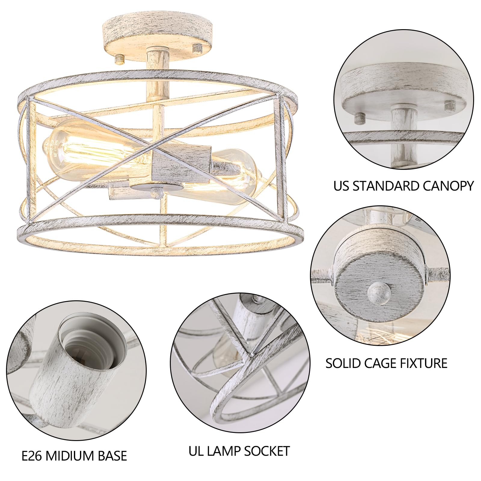WELTRANS 2-Light Metal Cage Flush Mount Ceiling Light Fixture, White, Model JH6793-2PW, Ideal for Hallway, Bedroom, Kitchen, Living Room