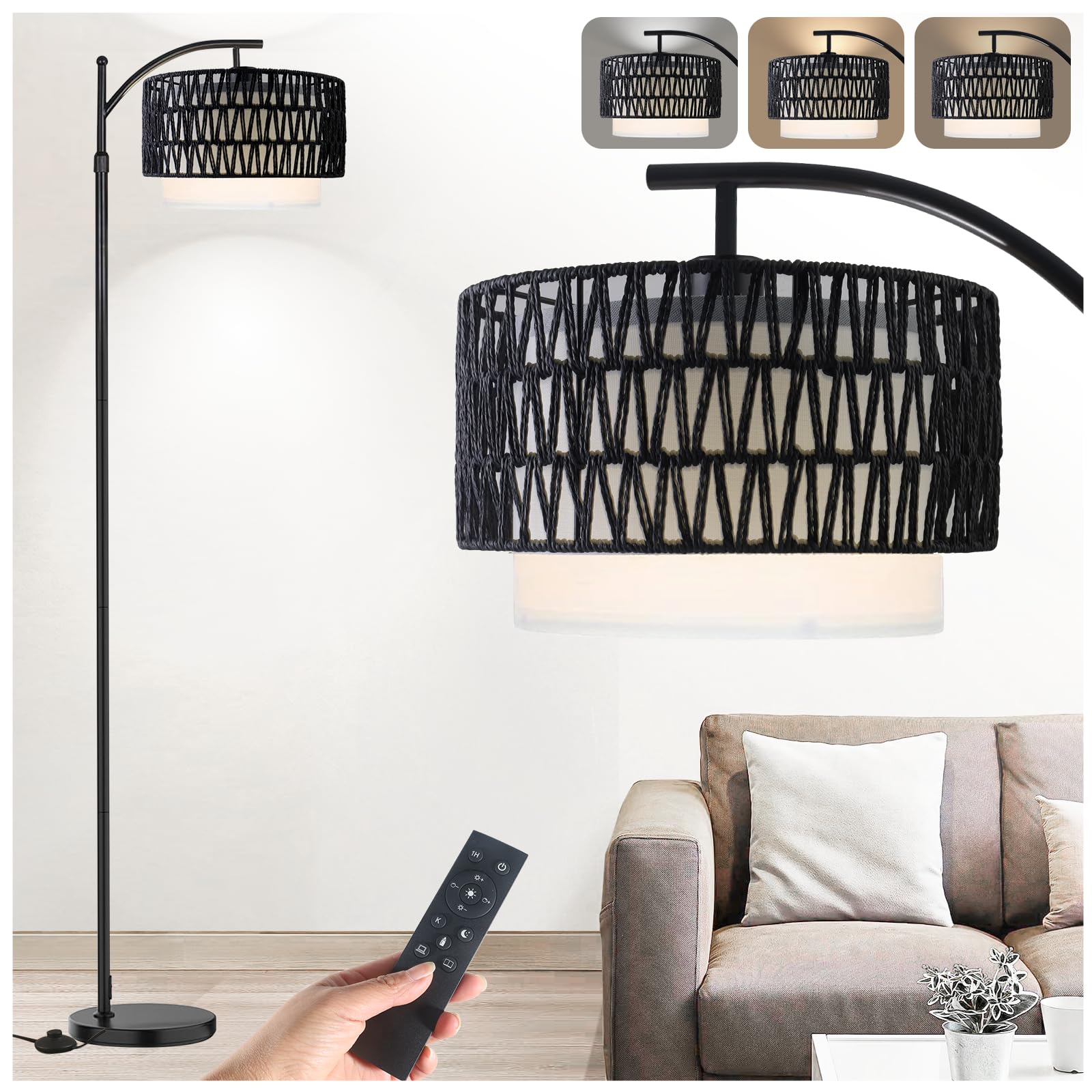 Yusist Arc Floor Lamp For Living Room,Farmhouse Floor Lamps With Remote Control & Dimmable Bulb,Black Rattan Boho Tall Standing 