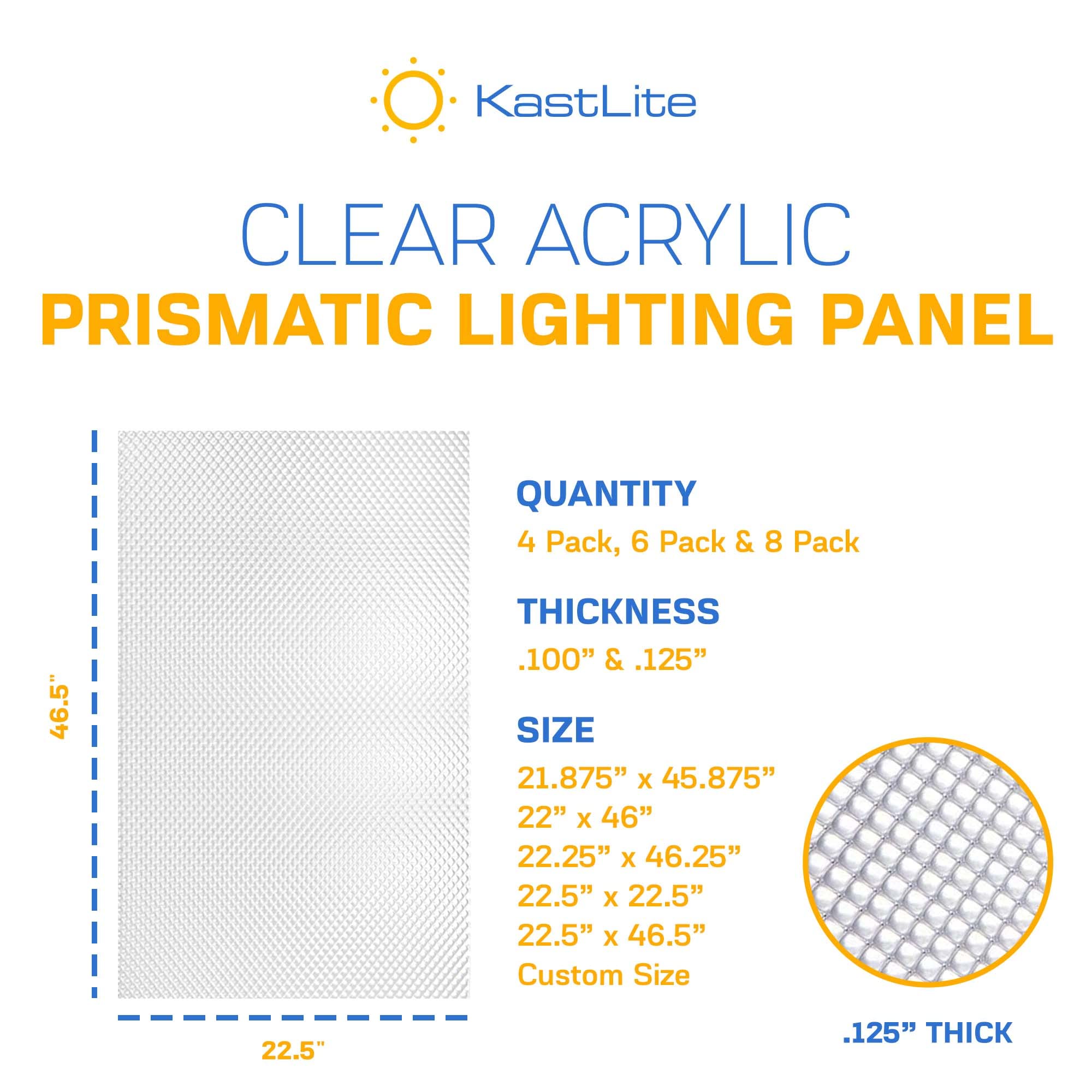 KastLite Clear Acrylic Prismatic Lighting Panel, 22.5in x 46.5in, .125in Thick, Fluorescent, Model KL-PLP100-2X4-