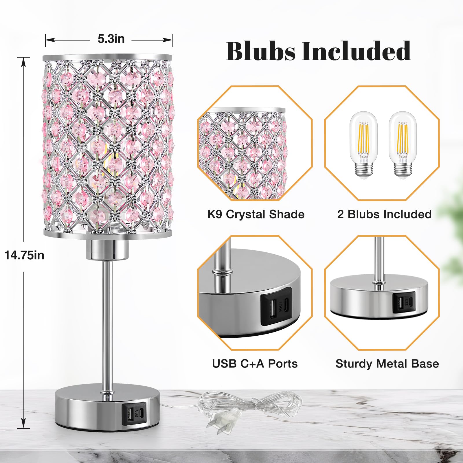 Pink Crystal Table Lamp, Touch Control Bedside Lamps With Usb-C+A Charging Ports, 3-Way Dimmable Nightstand Small Desk Lamp Set