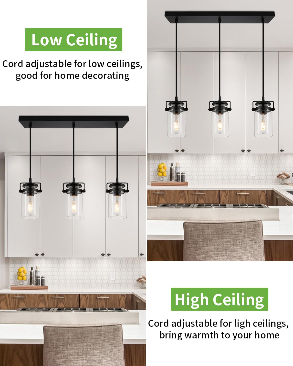 Pendant Lighting For Kitchen Island  Modern Glass Pendant Light Linear Chandelier For Dining Room Industrial Hanging  3 Light Fixture Adjustable Cord Farmhouse Ceiling Light Black Finish