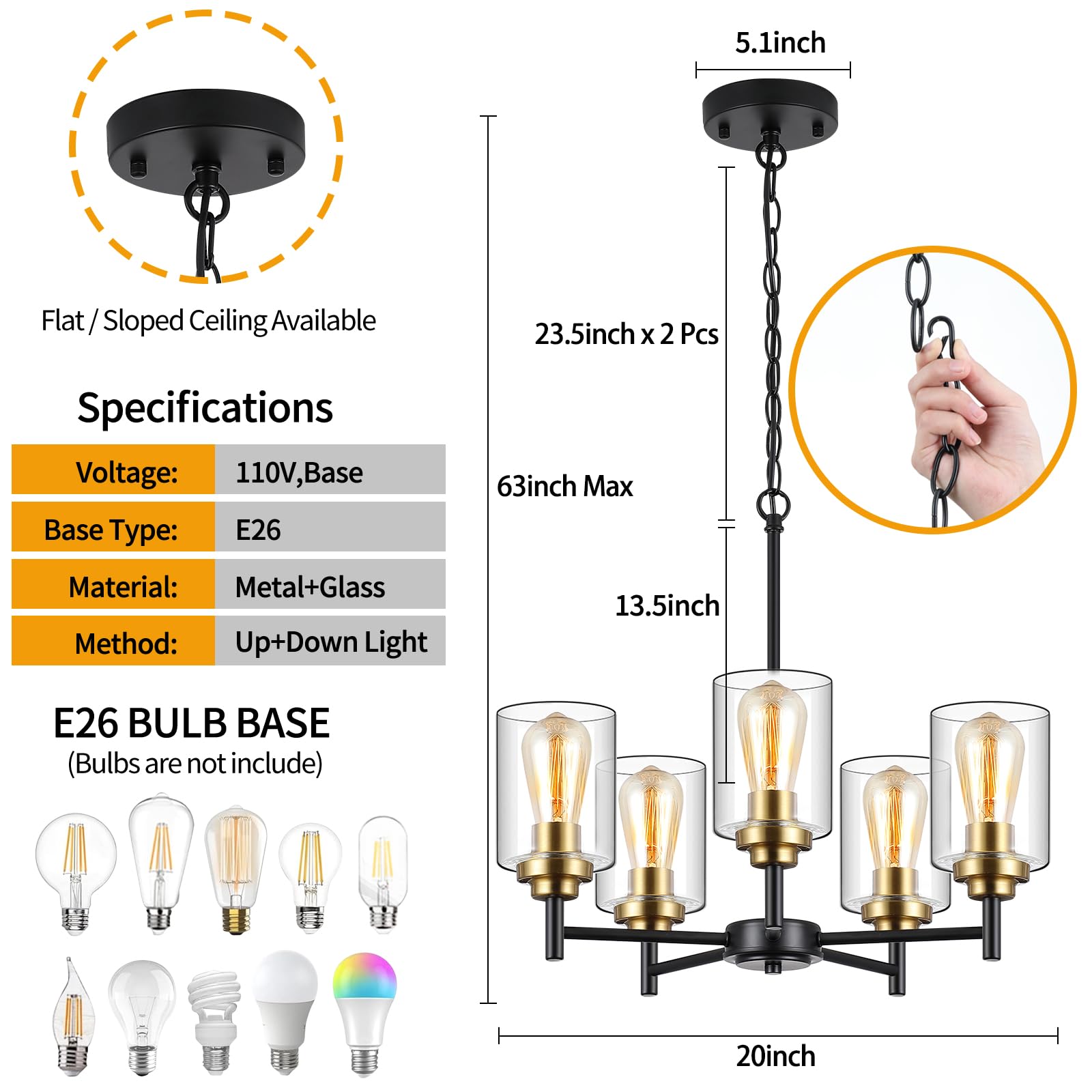 9Mmml 5 Lights Glass Chandelier,Modern Kitchen Island Lighting Black And Gold Metal Dining Room Light Fixture For Living Room Fo