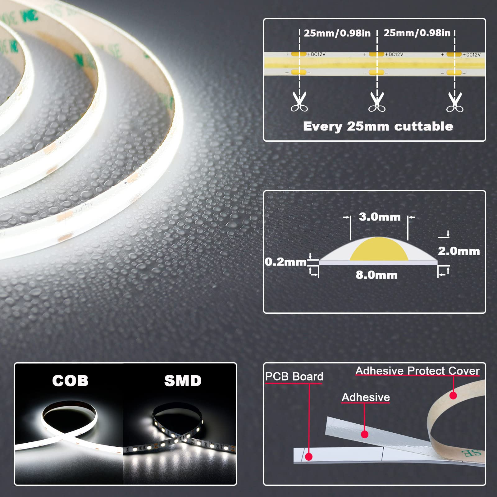 Topai 12V Cob Led Strip Light, 5000K Daylight White, 4000Lm, 16.4Ft, Ip65 Waterproof, Flexible, High Density, Model Cobw