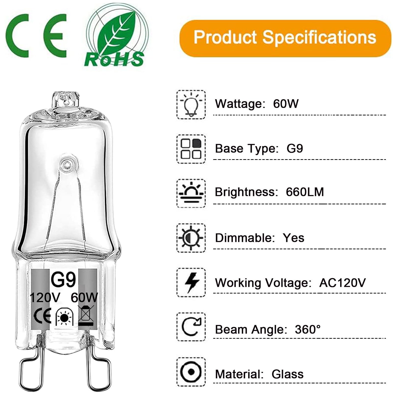 G9 Halogen Bulb 60 Watt 120 Volt Dimmable T4 Jcd Type Bi-Pin Base For Chandeliers, Pendants, Cabinet Lights, Landscape Lights Re