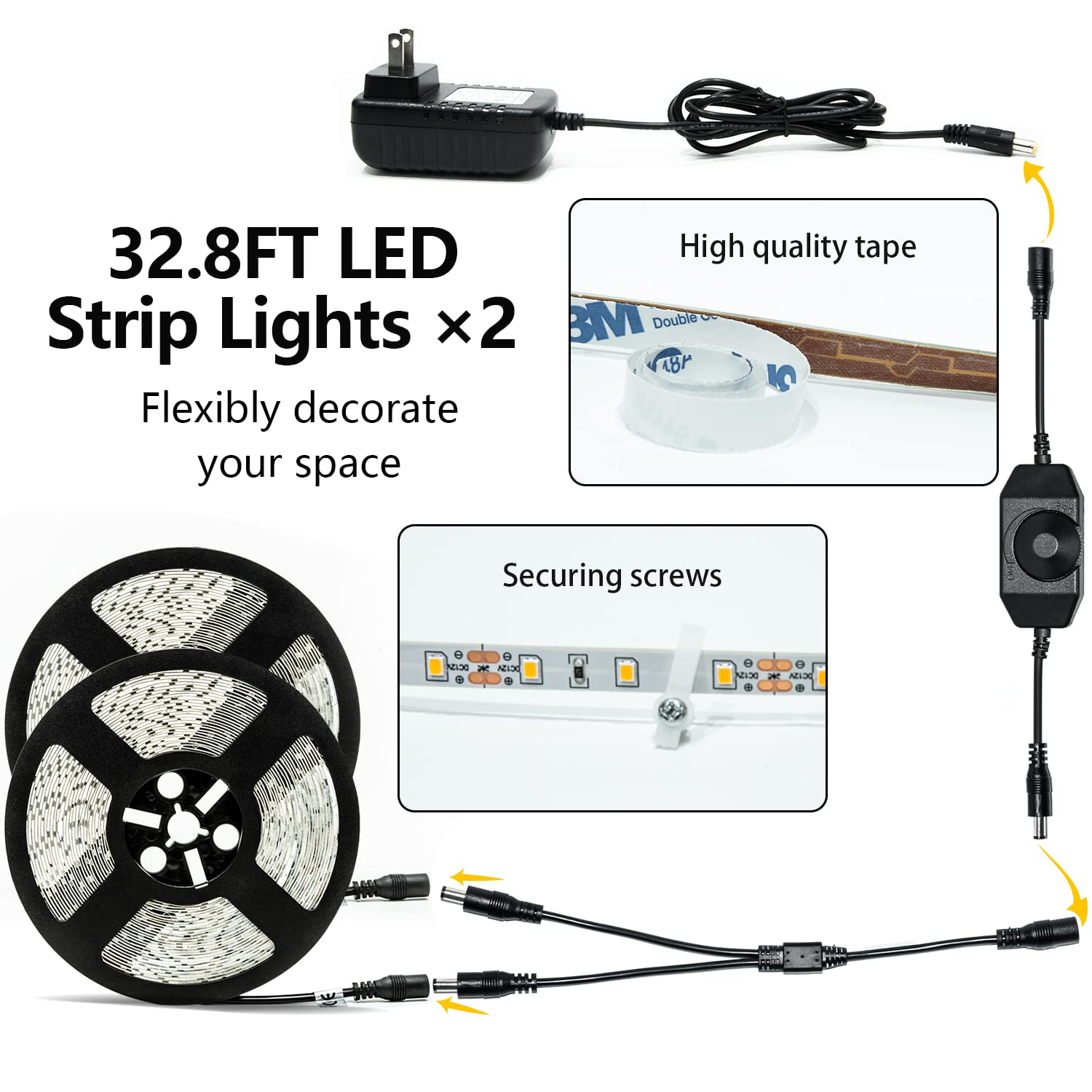 ollrieu LED Strip Lights 65.6ft Dimmable 6000K White 1200 LEDs for Kitchen, Under Cabinet, Bedroom, Model OL001020-01-US