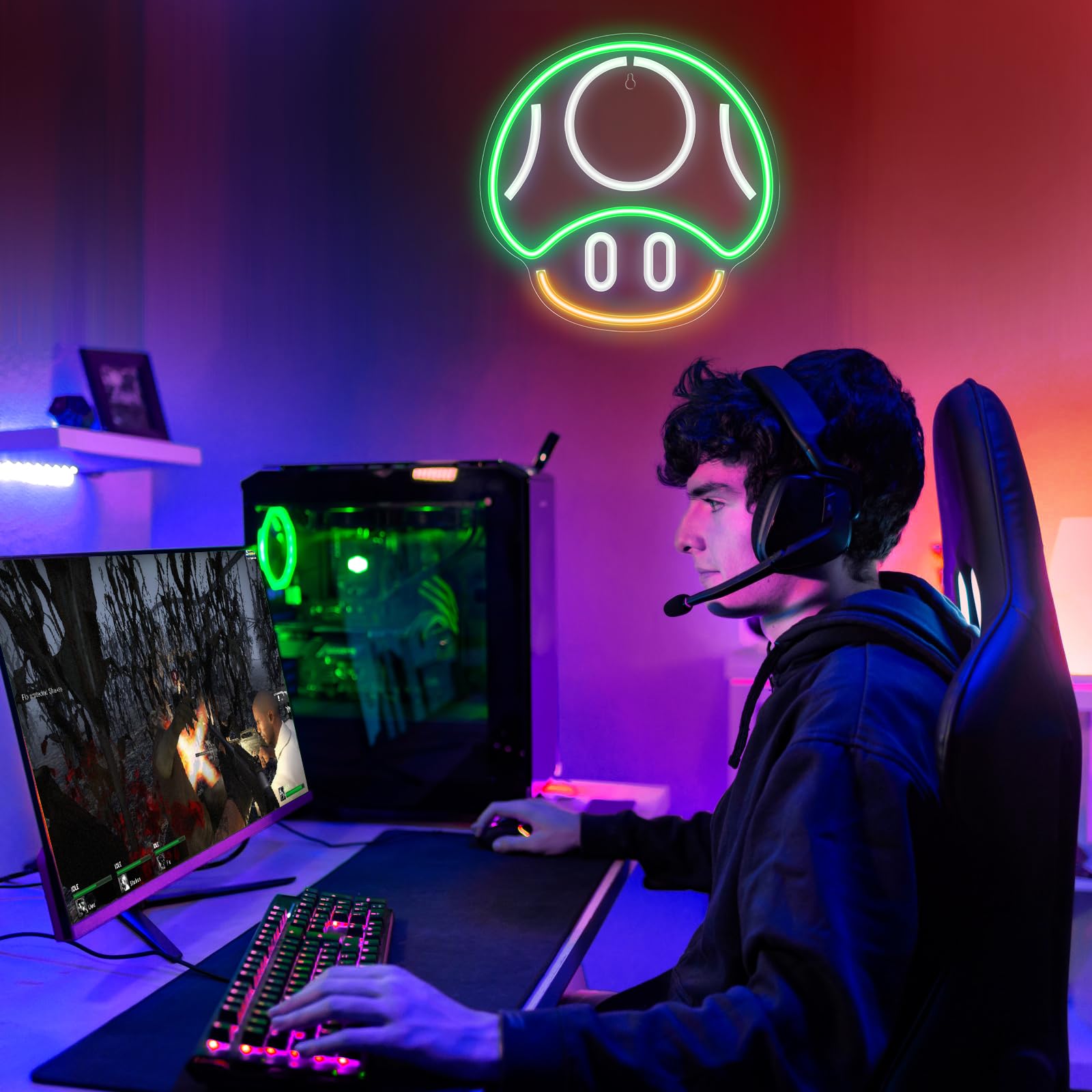 Kavaas Green Gaming Neon Sign - Mushroom Wall Decor For Game Room, Kids & Man Cave