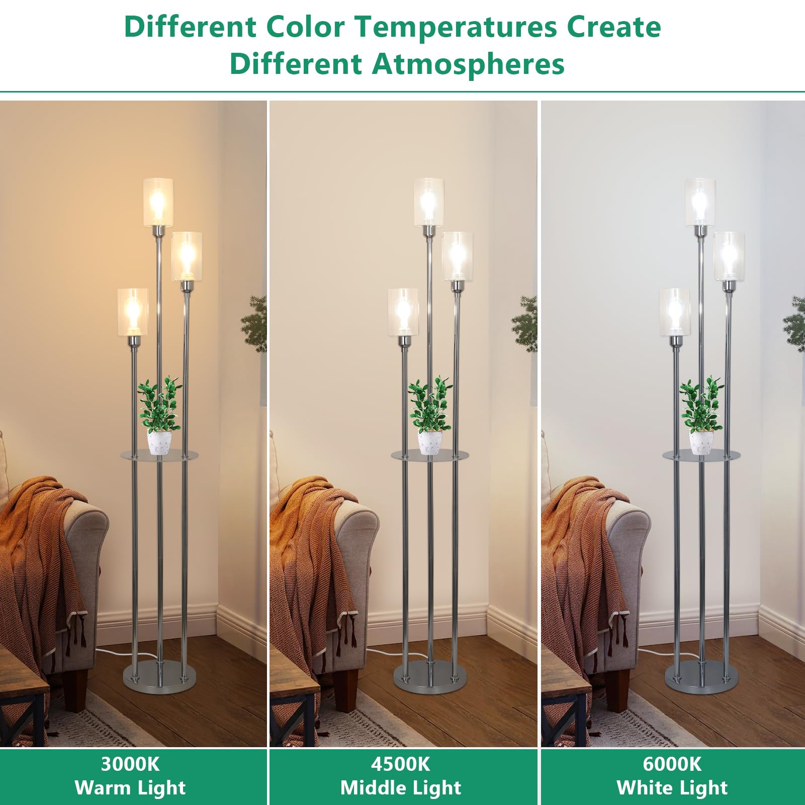 Hmvpl Modern Floor Lamps For Living Room, Silver Floor Lamp For Bedroom With Acrylic Shelves, 3-Light Chorme Standing Lamp With