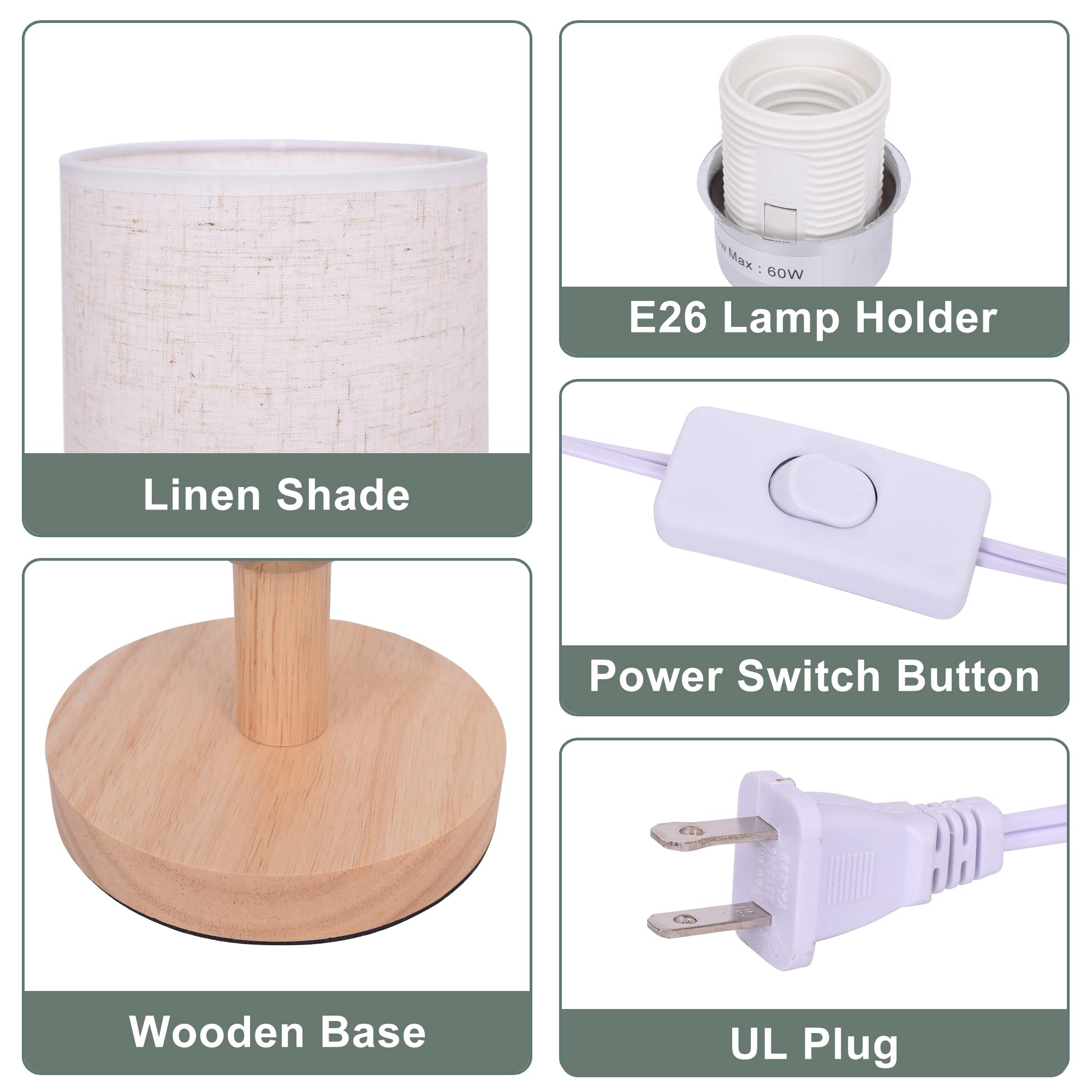 Achuai Small Table Lamp-Wooden Bedside Lamp Simple Bedroom Lamp Linen Shade Mini Desk Lamp Night Light Nightstand Lamp For Bedroom,Living Room,Kids Room (Including Led Bulbs) (Round)