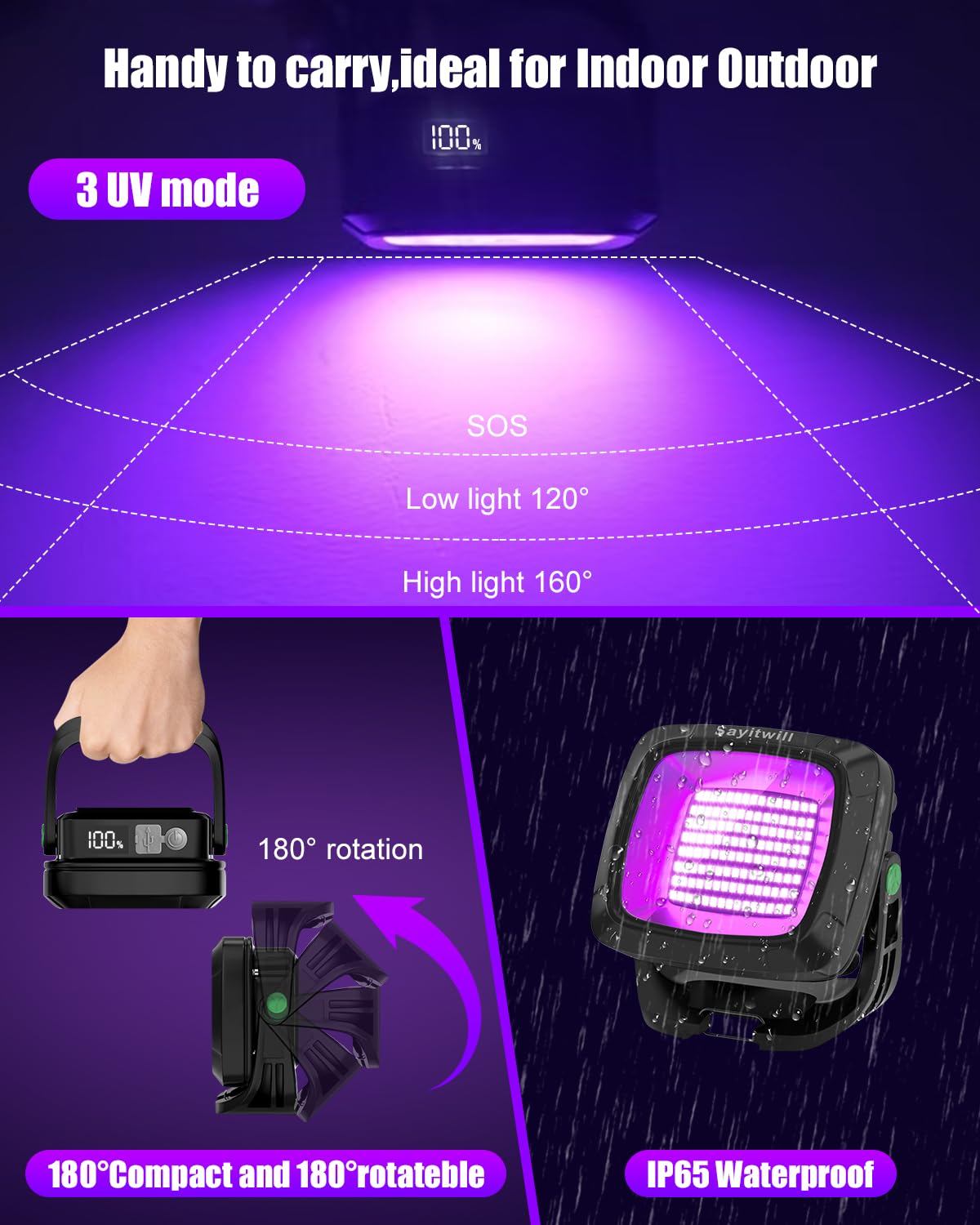 Sayitwill Rechargeable Black Light 4 Pack, 6000mAh Battery, 395nm Ultraviolet Flood Light, Portable, Black, Model CXH-WL-A-30W