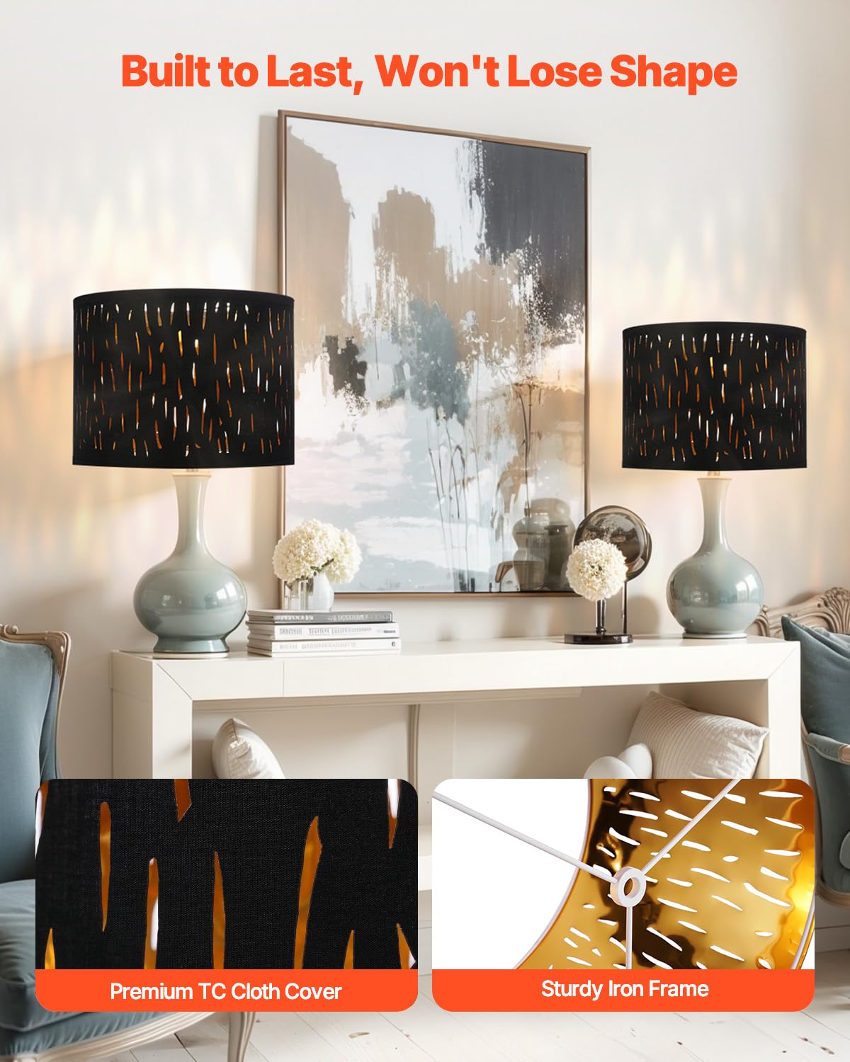 VEVOR Drum Lamp Shade Set, 13inx13inx10in, Black Hollow-Carved Design, TC Fabric + PET, Model heiseliuxingloukong 330*250H,