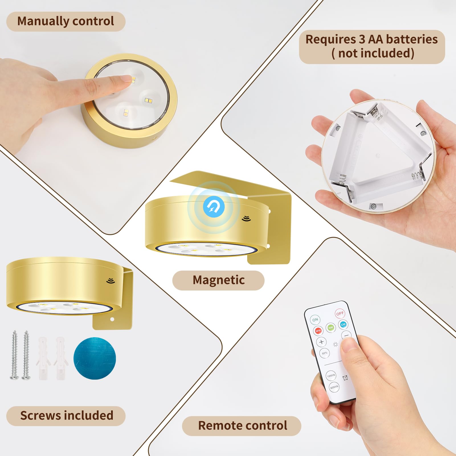 Ttq 4Pcs Magnetic Picture Lights Batteries Operated Painting Light With Telecontrol And Dimmable Timer,Gold Art Display Light Wireless Walls Decor Puck Lights For Picture Frame Artworking Portraits