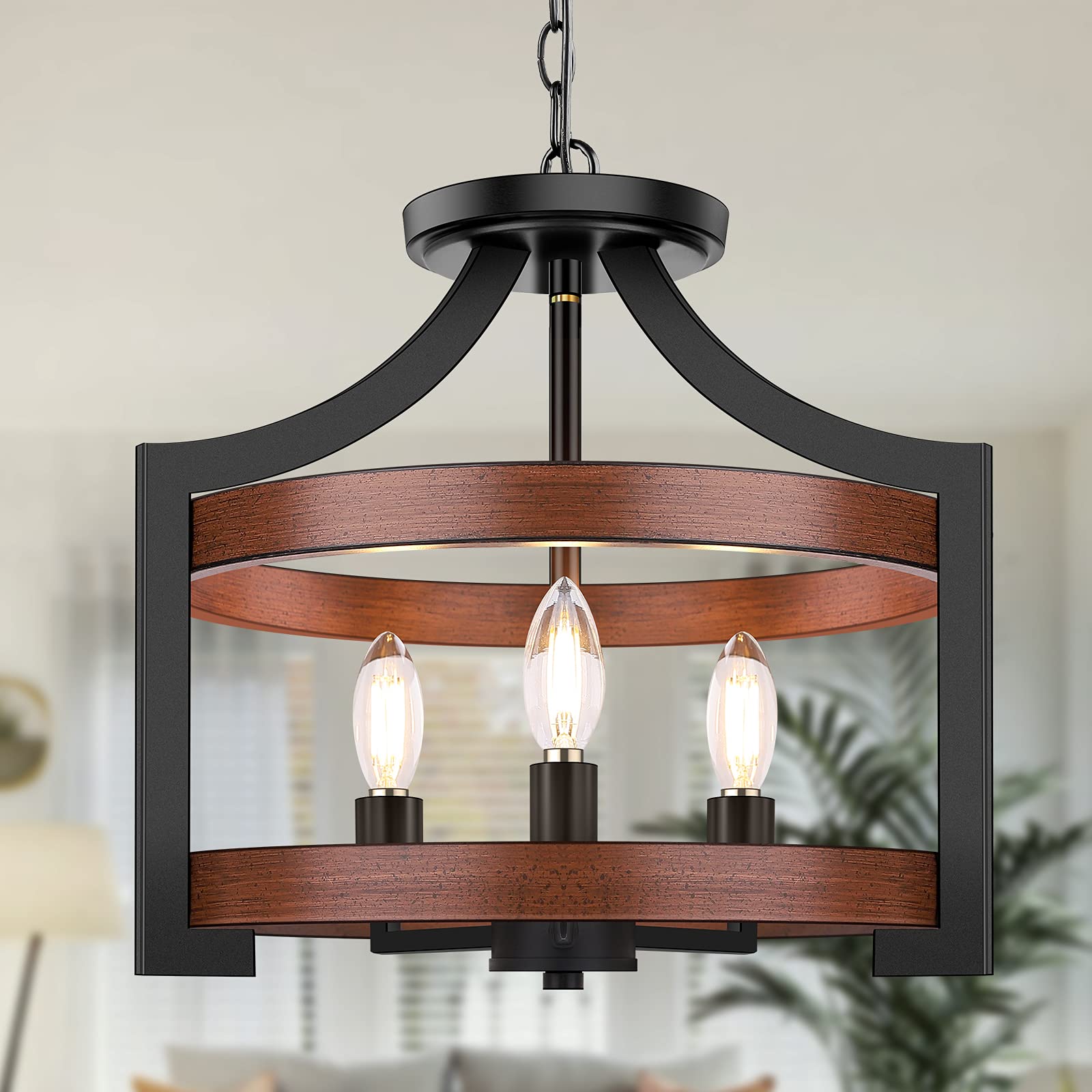 3-Light Rustic Farmhouse Pendant Hanging Light Adjustable Height Max 68in, Convertible Vintage Semi Flush Mount Ceiling Light Fi