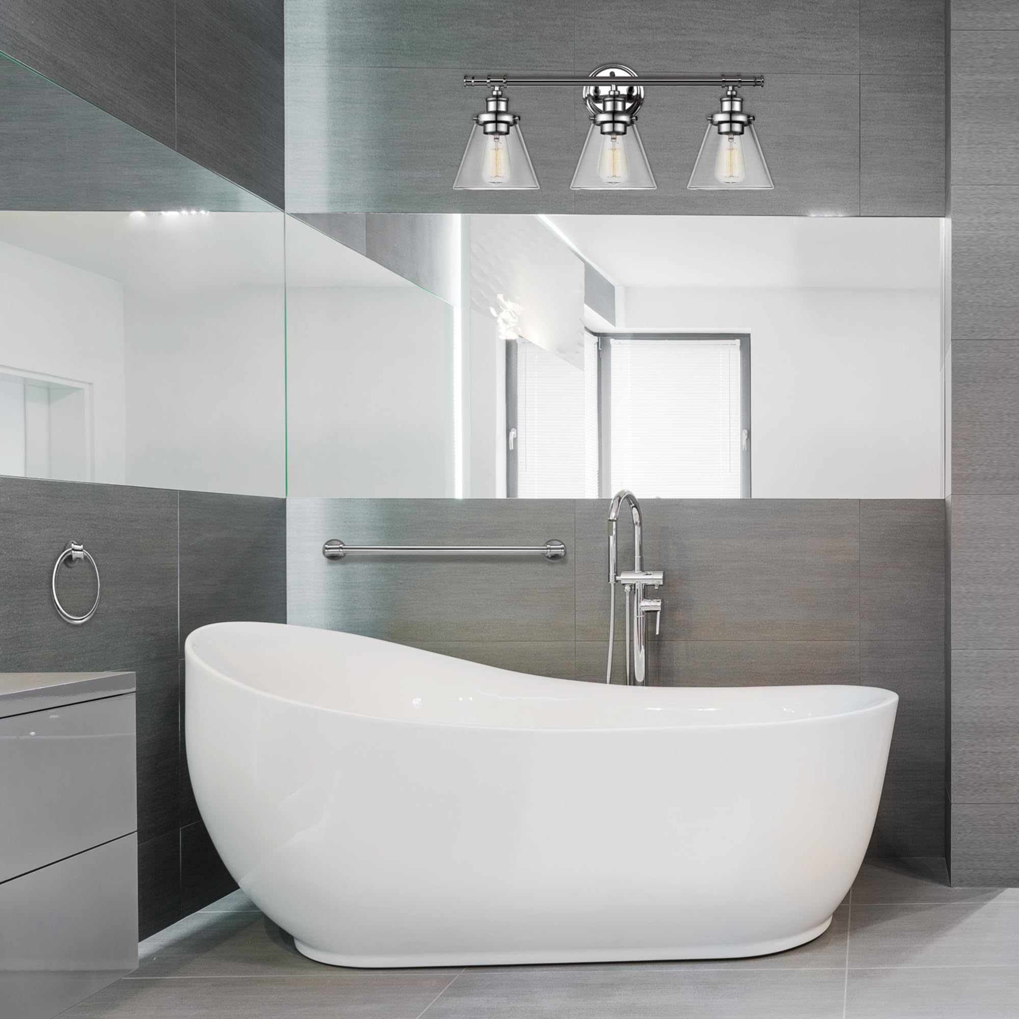 Globe Electric 51234 5-Piece All-In-One Bathroom Set  Chrome  23 3-Light Vanity Wall Light With Clear Glass Shades  Towel Bar And Ring  Robe Hook  Toilet Paper Holder  Beauty Room Accessories