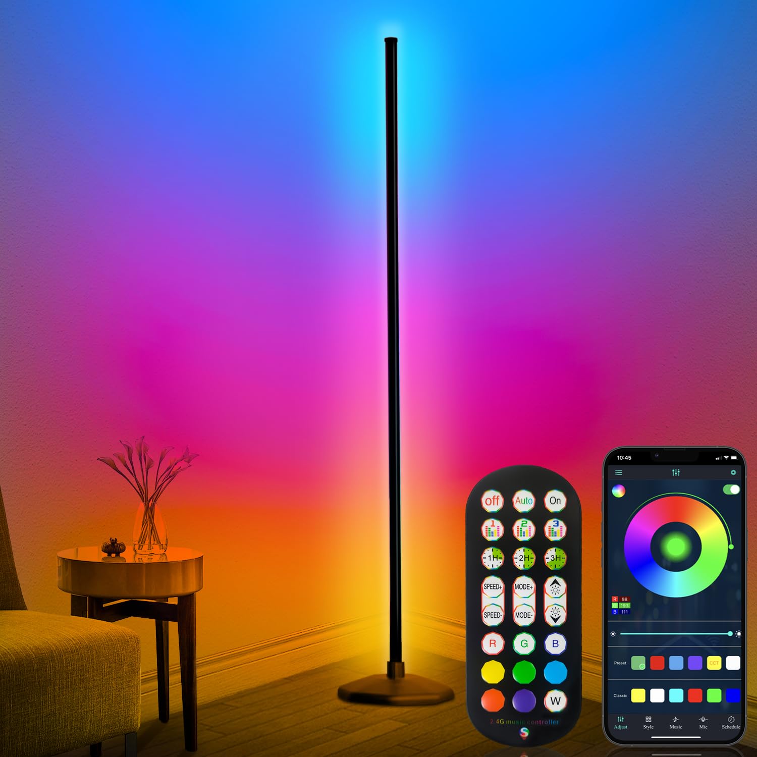 LanSuper Corner Floor Lamp, 65?mart RGB LED Corner Lamp with App and Remote Control, 16 Million Colors Changing LED Floor Lamp,6