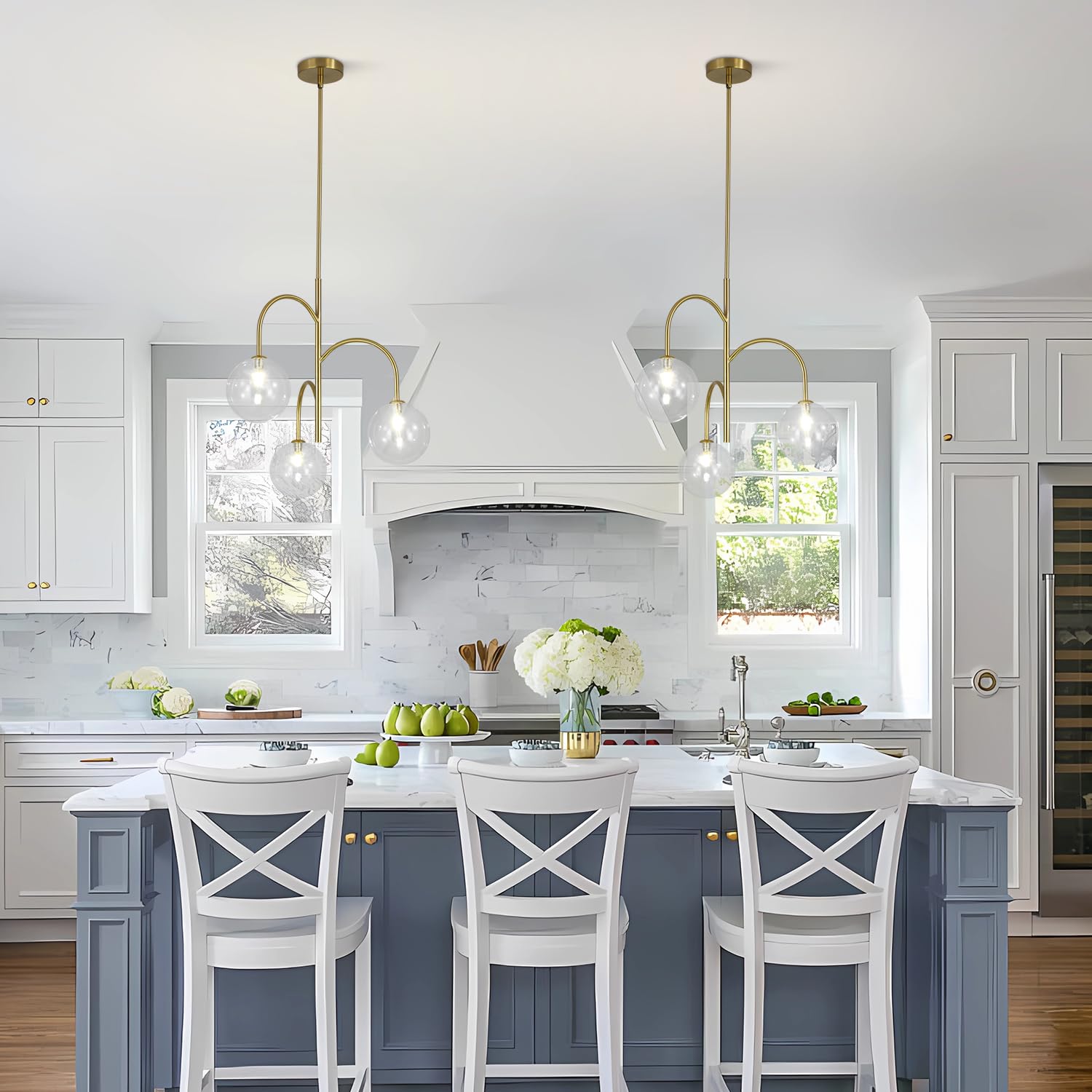 Flyrose Modern Gold Globe Pendant Lighting 3-Light Clear Glass Bubble Chandelier Mid Century Sputnik Light Fixture Brushed Brass