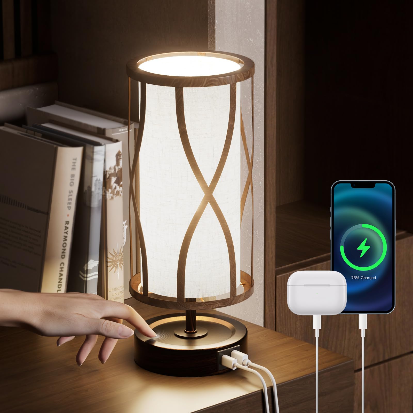 HYMELA N10-2 Farmhouse Table Lamp Dimmable Touch Control Plug in Lamps Linen Rustic Desk Lamp IImitation Wood Metal Base Vintage