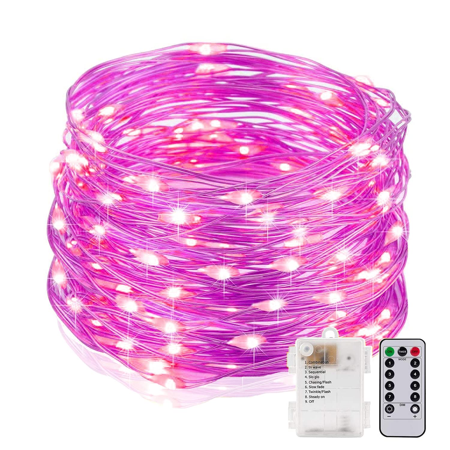 Bynlna String Lights,Led Copper Wire Lights, Each Set 33Ft/10M 100Leds And 6 Remote Control.Aa Battery Powered,Decor Rope Lights For Holiday,Wedding, Parties.(Pink)