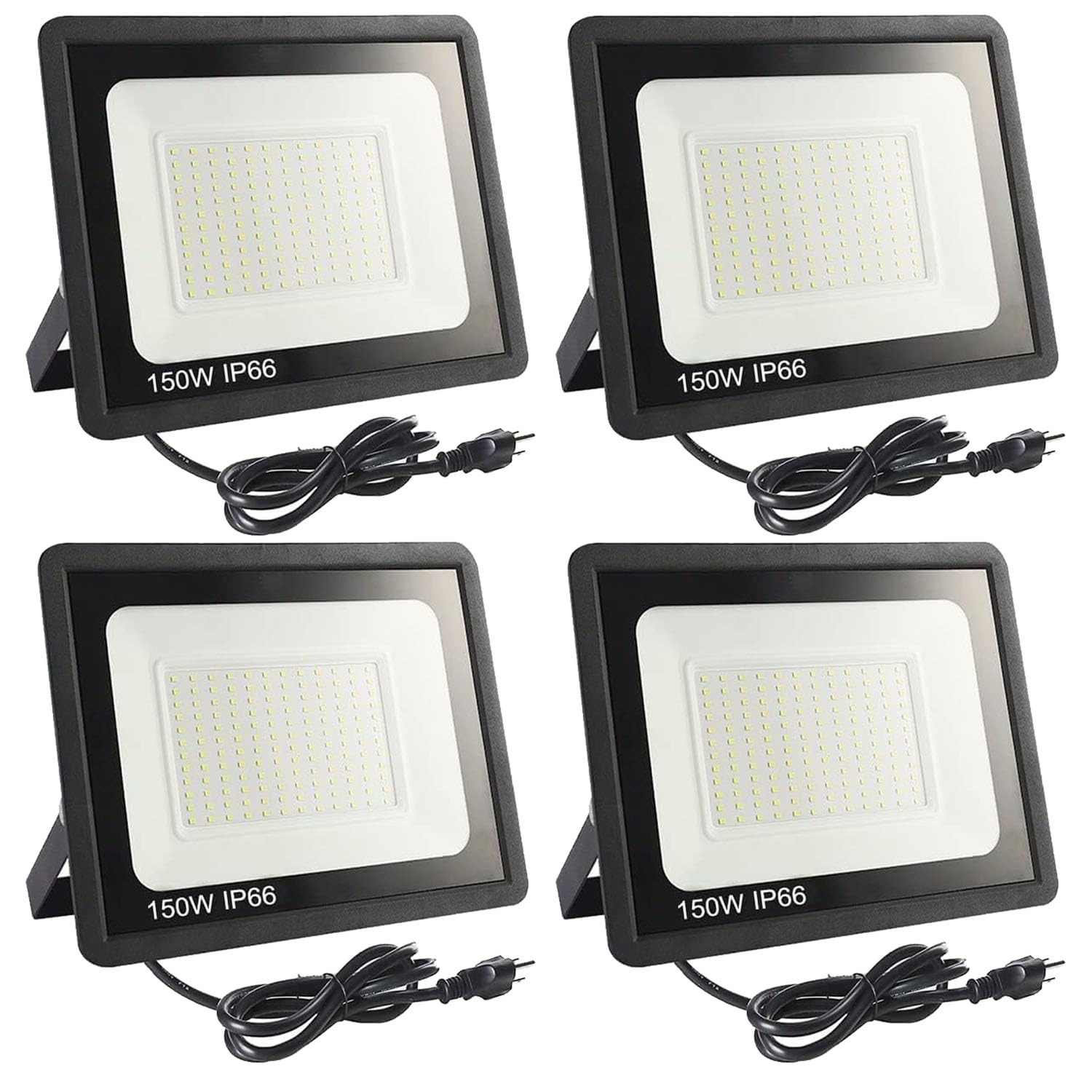 4Pack Led Flood Light Outdoor,150W Led Work Light 15500Lm With 6Ft Us Plug,Ip66 Waterproof Exterior Security Lights,6000K Daylight White Outside Floodlights Slim Design For Playground Yard