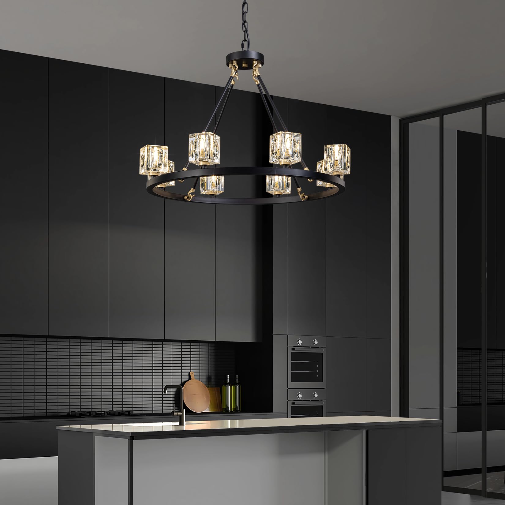 Okes Black Wagon Wheel Chandelier, 8-Light Farmhouse Crystal Chandeleirs With Adjustable Height,Ceiling Hanging Light Fixture Pe