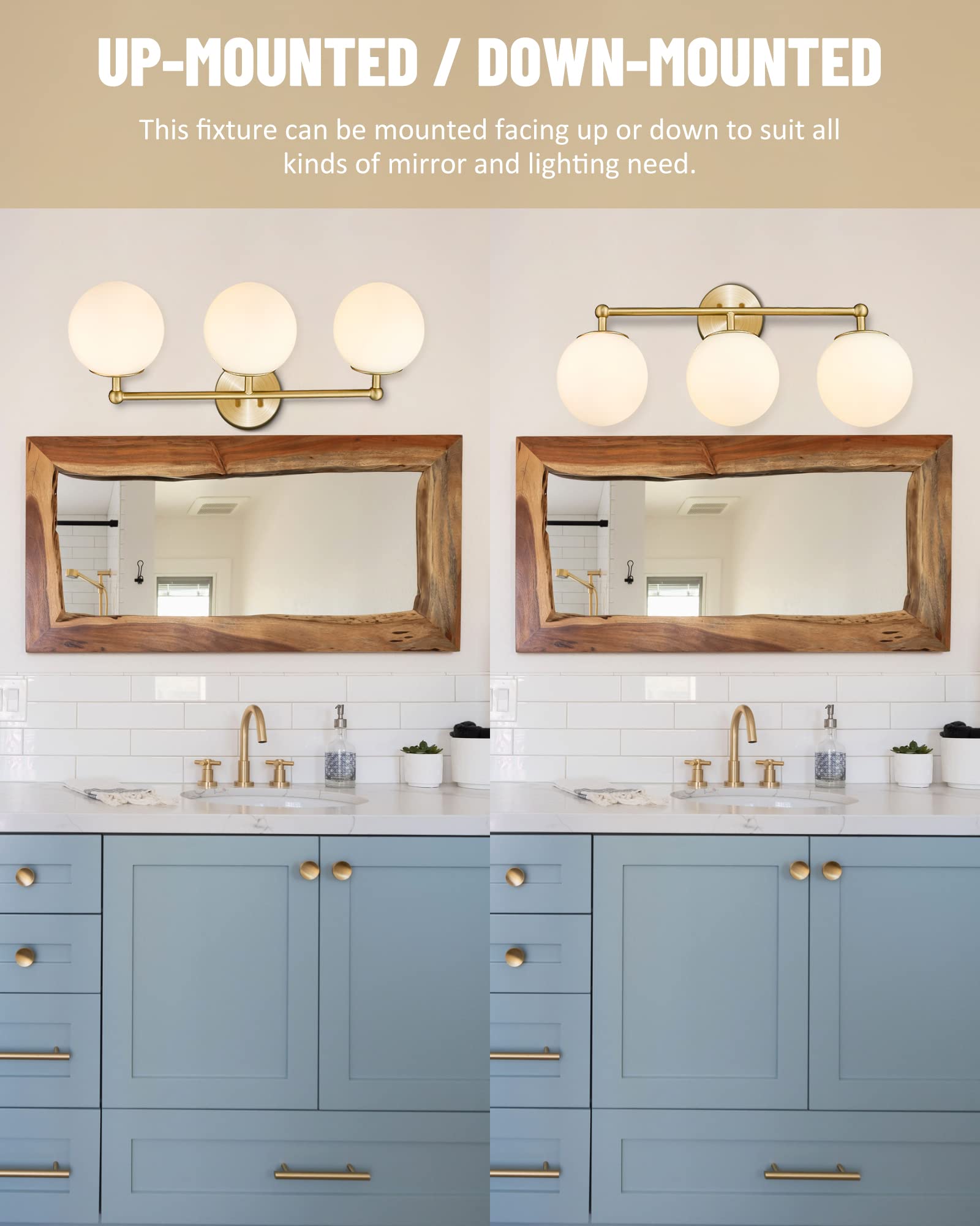 Akezon Gold Vanity Light For Bathroom, Modern Bathroom Light Fixtures Over Mirror 3-Light With Milky Glass Globe Shade, Kw-7308-3