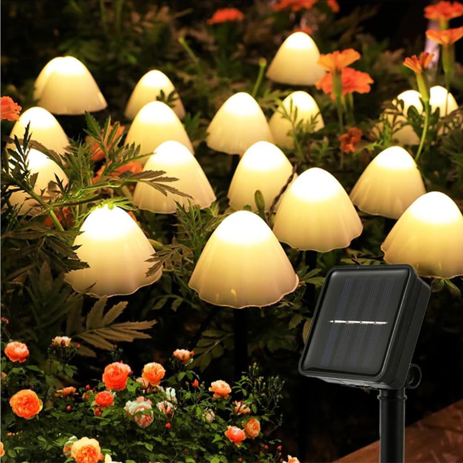 Hulppre Mushroom Solar Lights-Set Of 15Pcs 29.5Ft Fairy Solar String Light,Warm White 8 Modes Outside Solar Pathway Lights,Outdo