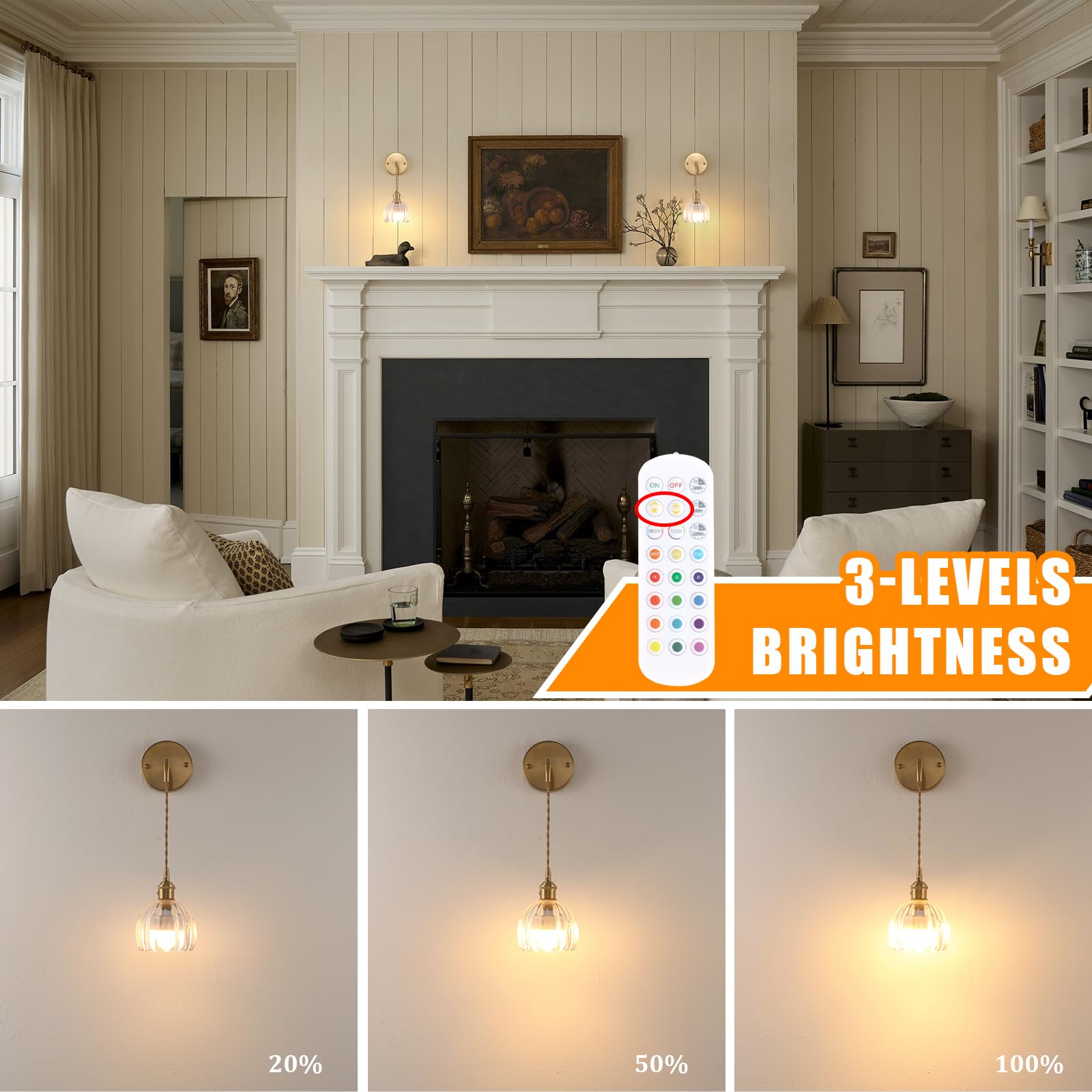 Shenmoyl Wall Sconce - Battery Operated, Clear Tulip Shade, Retro Gold, Set of 2, Model 1-9381