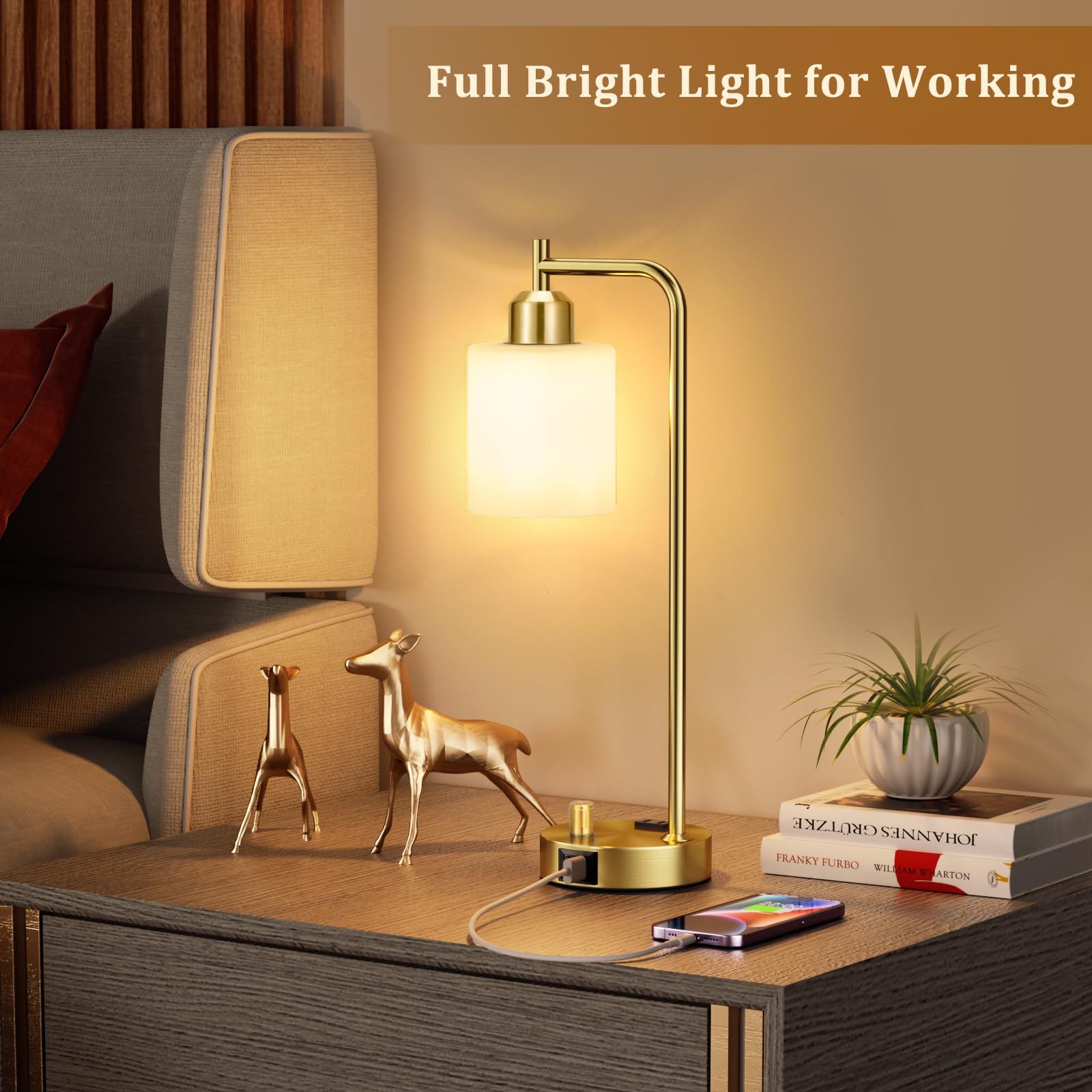 Innqoo Gold Lamp For Bedroom - Industrial Bedside Table Lamp With Usb Port And Outlet, Fully Dimmable Nightstand Lamp With Opal