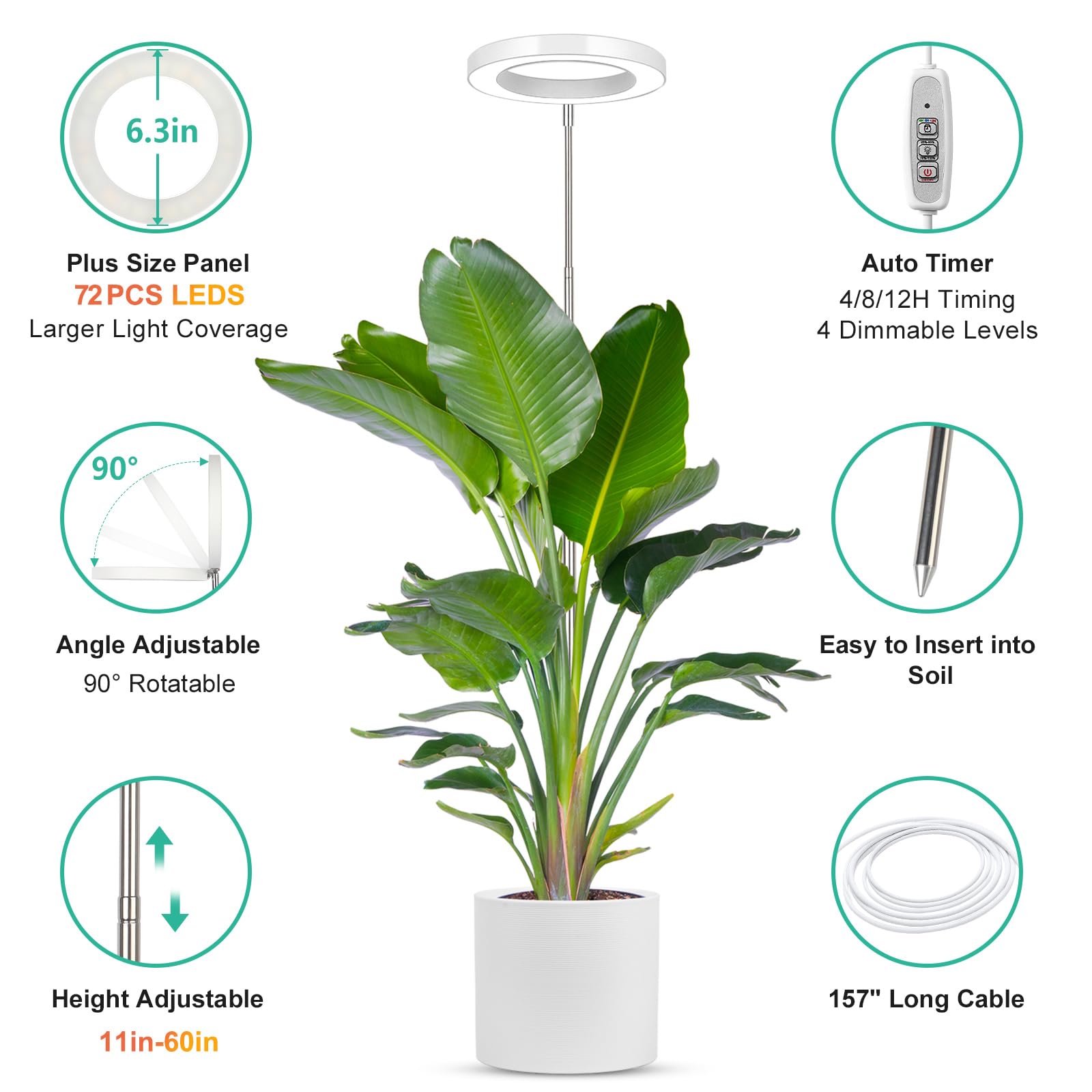 LORDEM Plant Grow Light, Full Spectrum LED Lamp, Height Adjustable, Auto On/Off Timer, 1 Pack, White, Model HL-0026
