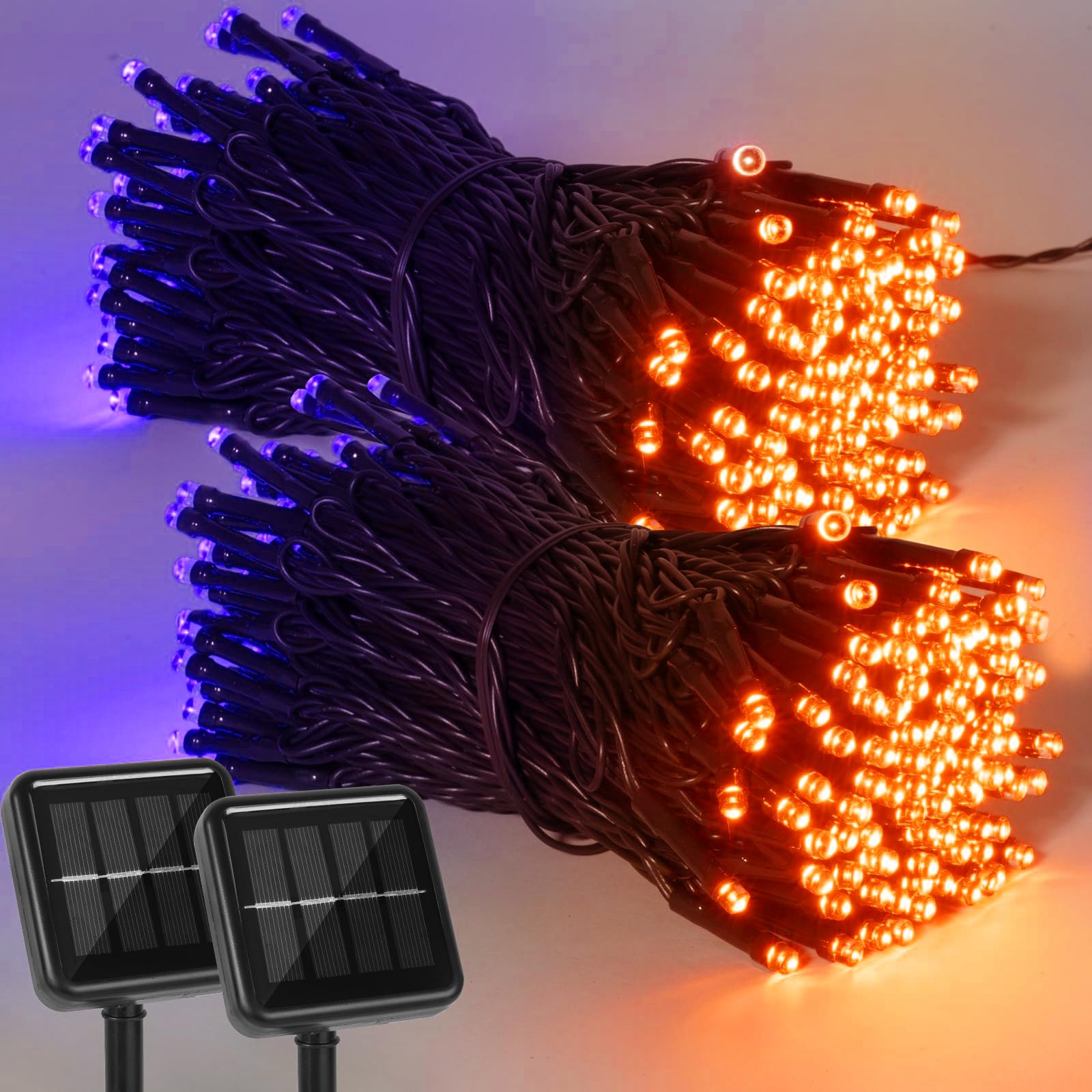 Amadecohome 2 Pack 400 Led Solar String Lights, Waterproof, 8 Modes, Orange-Purple, For Outdoor Holiday Decor, Model Sl0