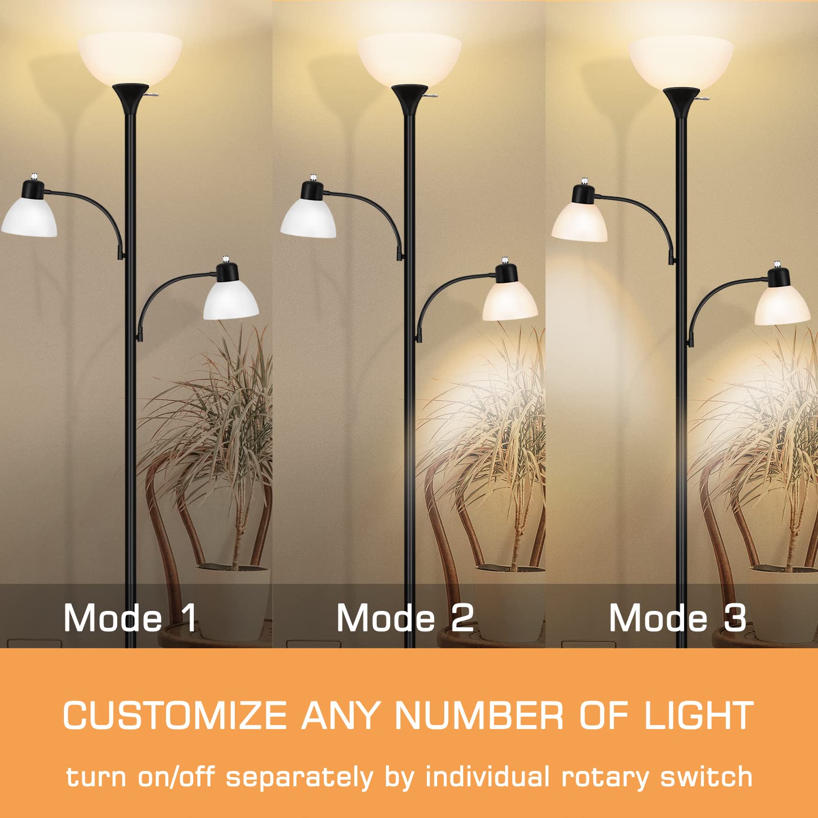 Luvkczc 72" Tall Torchiere Floor Lamp with 8W Adjustable Reading Lights, Black, Large, Model L-53008-04, 3 Bulbs Included