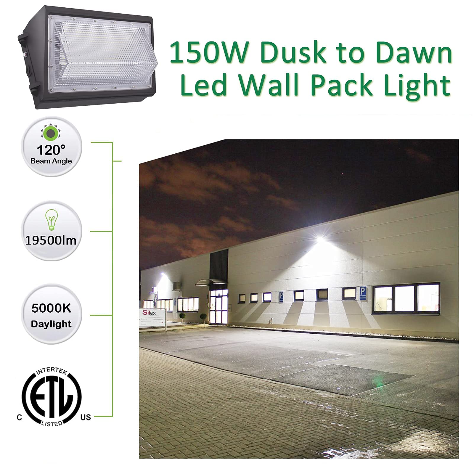 Led Wall Pack Light With Dusk To Dawn Photocell,150W 19500Lm 5000K Daylight ,Ac100-277V Input,900W Hps/Hid Equivalent, Waterproof Commercial Security Lighting For Warehouses, Garage,Etl Listed