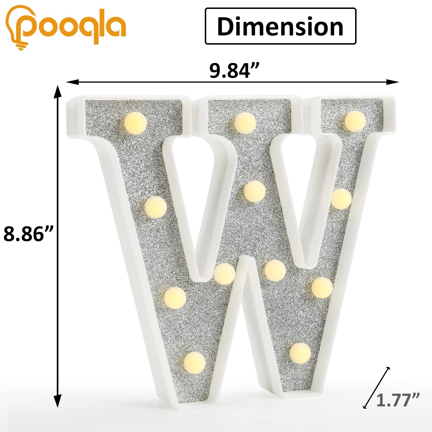 Pooqla LED Marquee Letter Light Sign, Colorful Battery Powered Lamp with Remote, Glitter Silver W, RGB, Model 3af572a4-2d79-44de-b06e