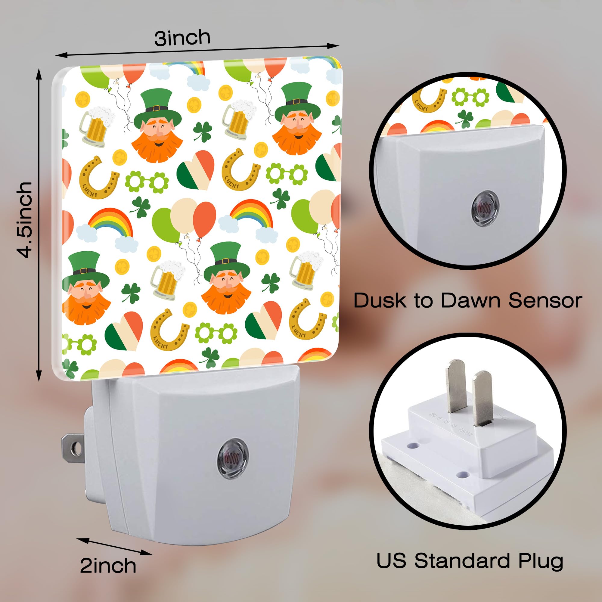 St. Patrick'S Day Cute Pattern Night Light For Kids,Green Shamrock Leprechaun And Rainbow Night Light Plug In With Dusk To Dawn