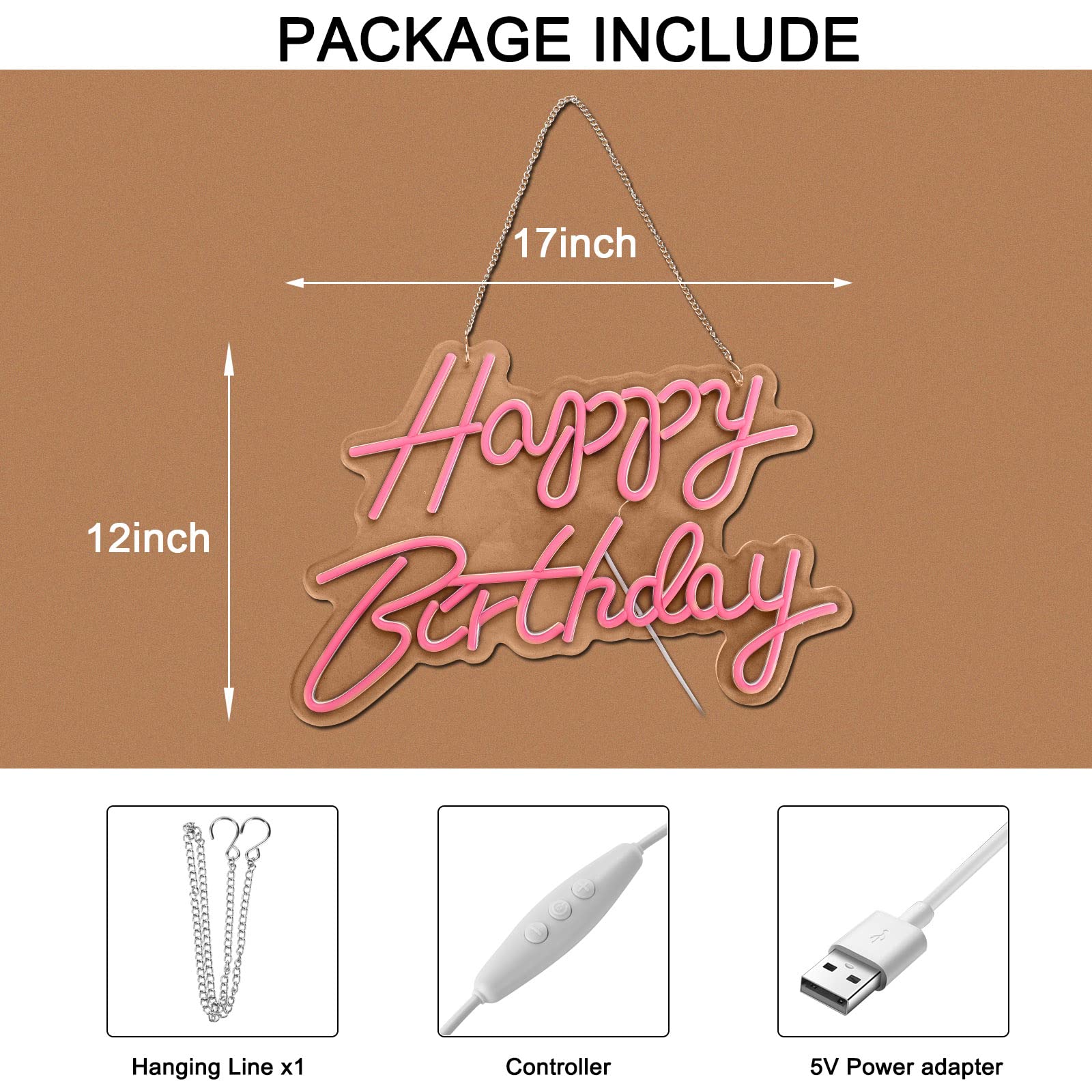 Neonhonba Happy Birthday Neon Sign, Dimmable, 17x12 inches, Pink