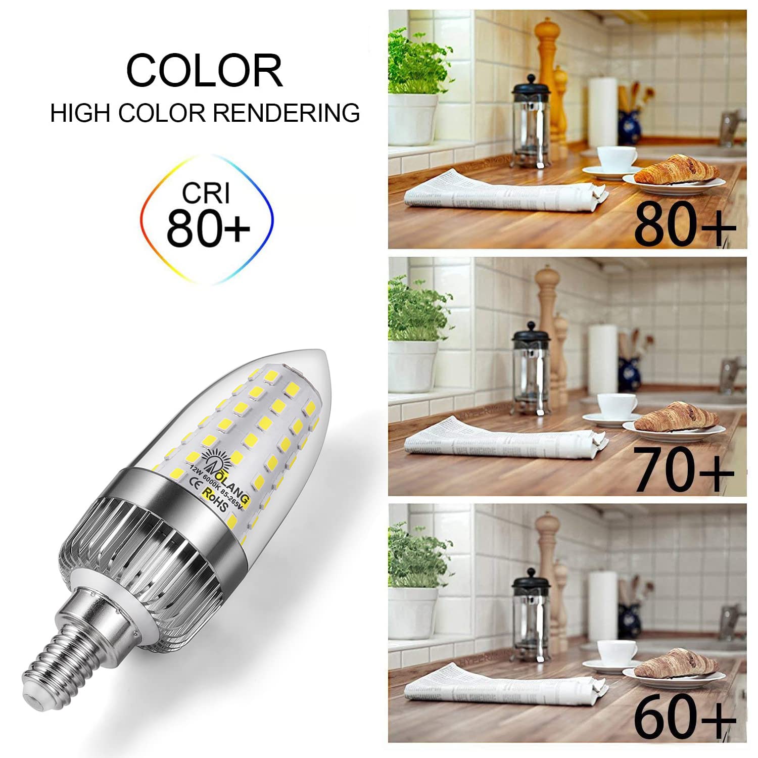 Aolang 12W E12 Led Candelabra Bulbs, Daylight White 6000K, 1200 Lumens,