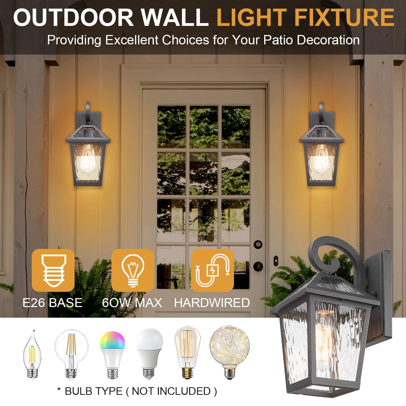 Luminzone Outdoor Wall Lantern 2-Pack, Waterproof Matte Black, Aluminum, Small, Model 7H1B-M WH, Ripple Glass Design