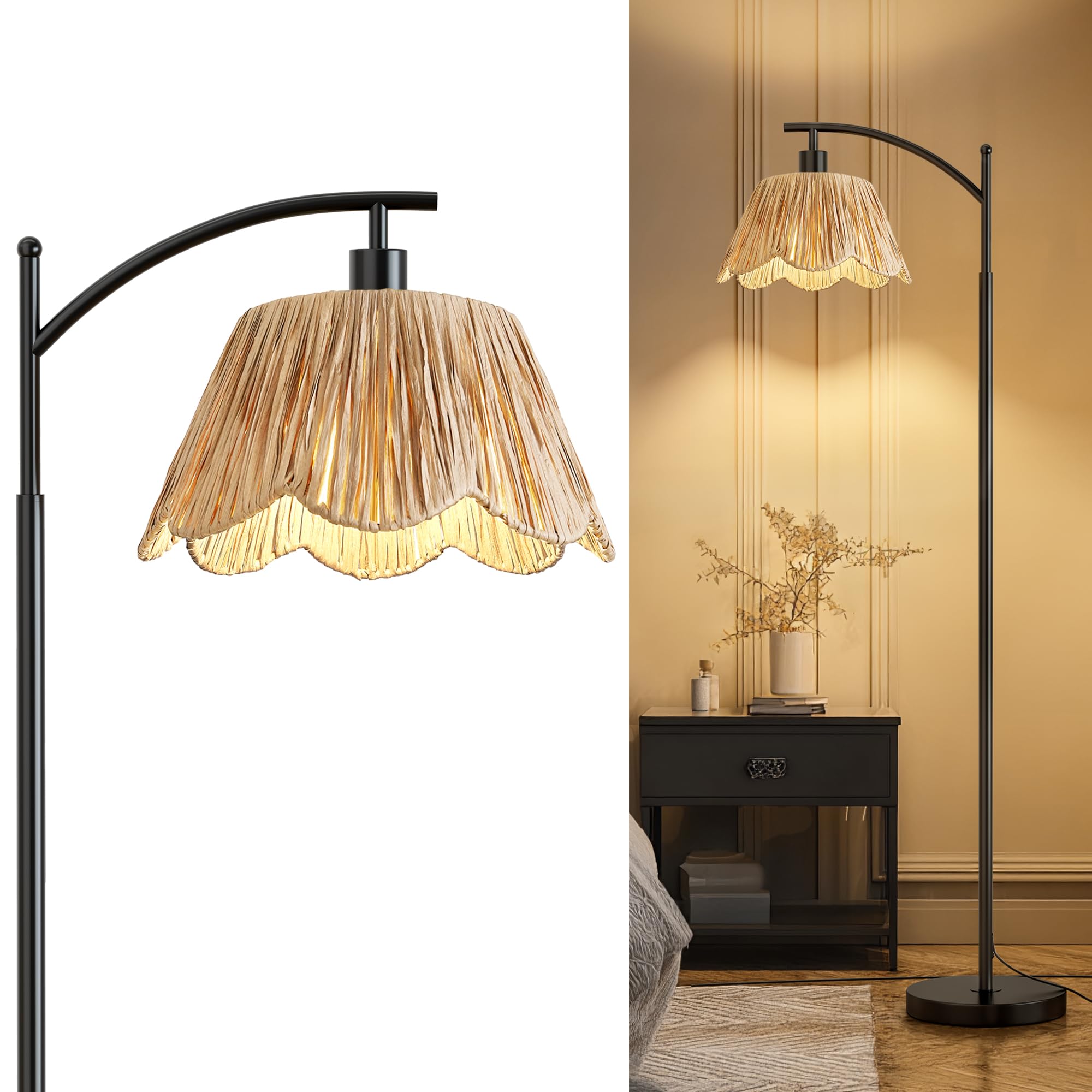 Oneach Arc Floor Lamp for Living Room Rattan Boho Floor Lamp with Hand-Woven Shade  Foot Switch Black Metal Base & Pole Farmhouse Standing Lamp for Bedroom Corner Reading