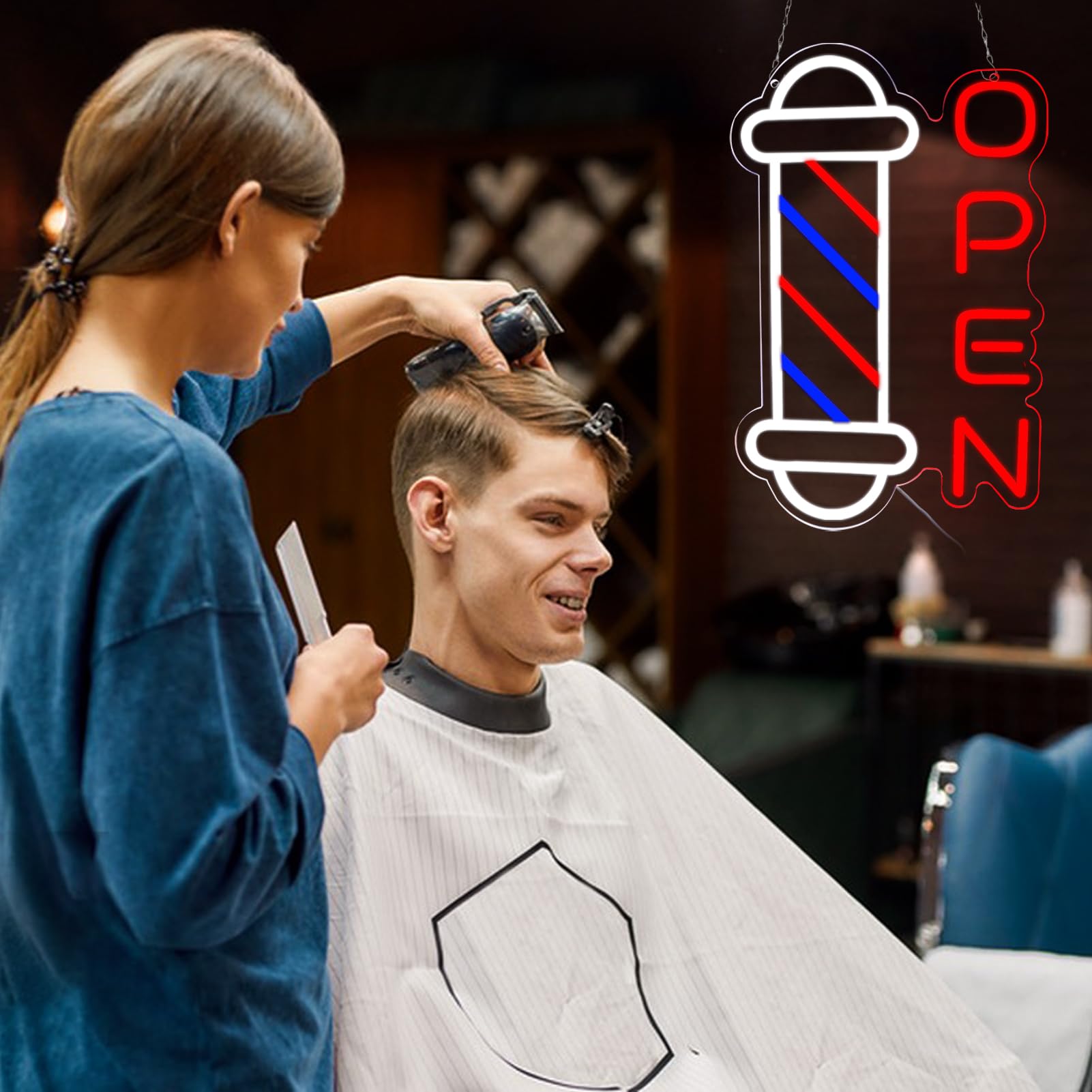 Jfllamp Barber Shop Neon Signs For Wall Decor Open Neon Lights For Bedroom Led Signs Suitable For Barber Shops Hair Salon Art Unique Gift For Hairdresser 10.2 * 16.1 Inch(Red + Blue + White)
