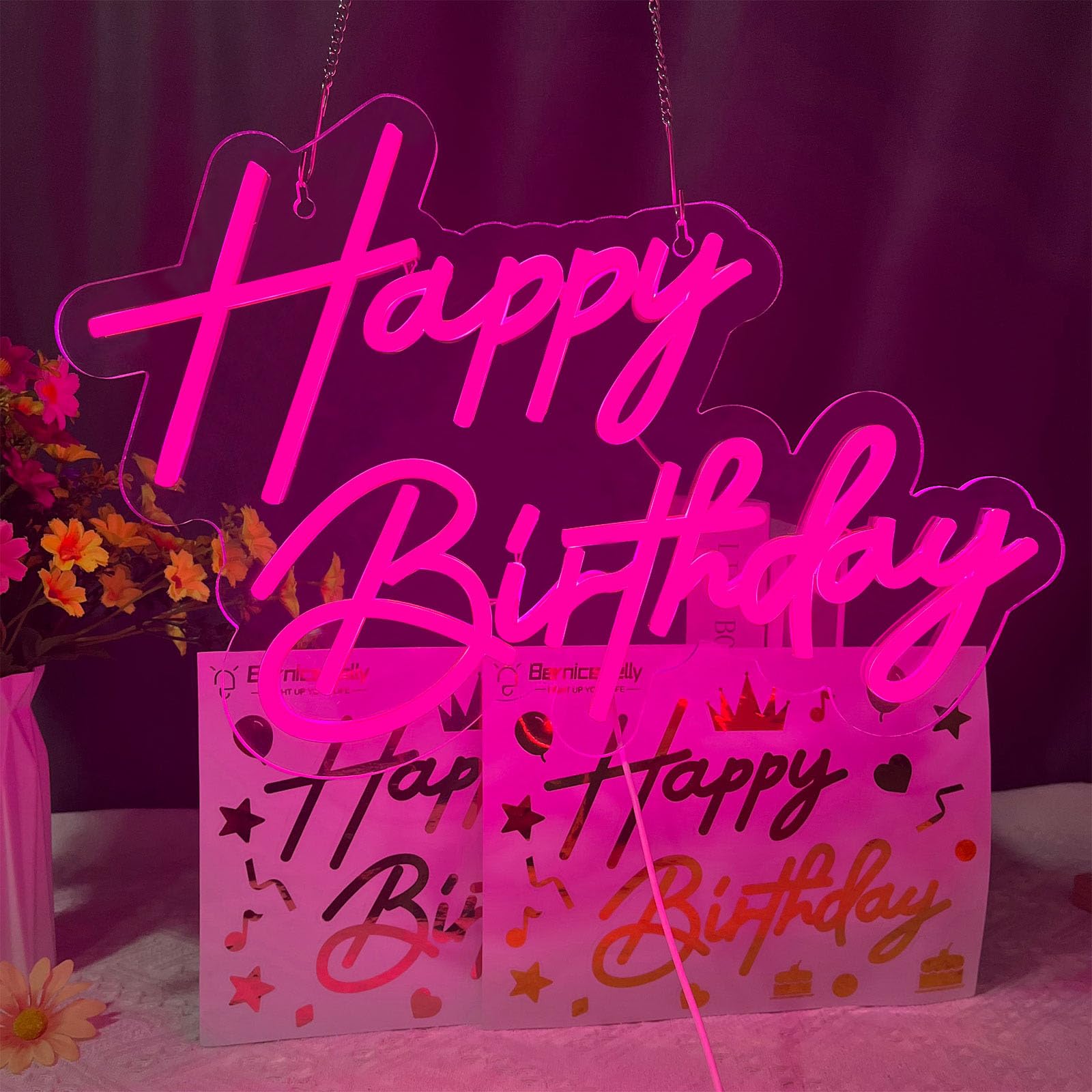 BerniceKelly Happy Birthday Neon Sign, Pink LED Light, 17x12 Inch, Model AW-12