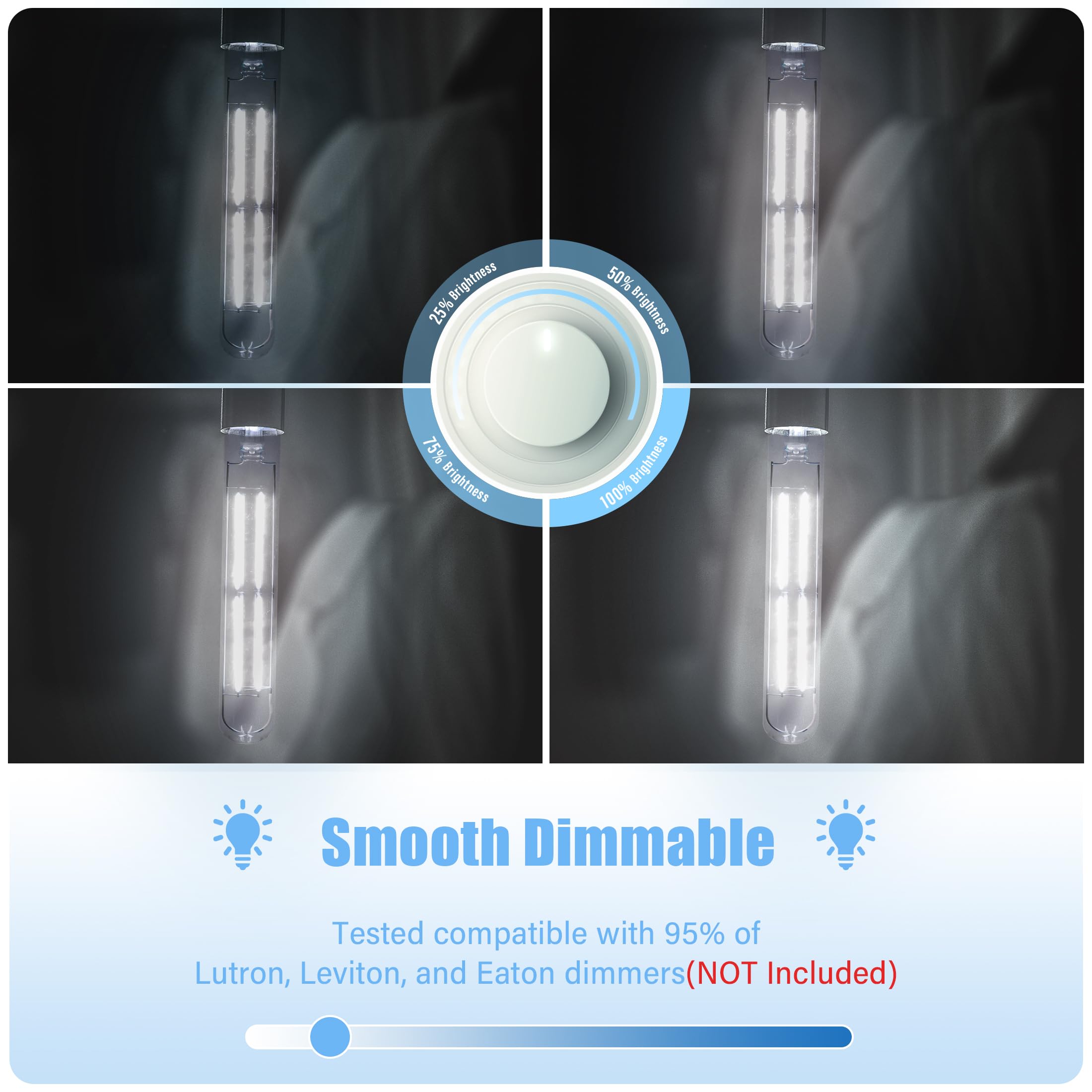 NOVELUX LED Light Bulbs E26 Base 6W 800LM Dimmable 5000K Daylight 9 Inch Glass Tubular Bulbs - 2 Pack
